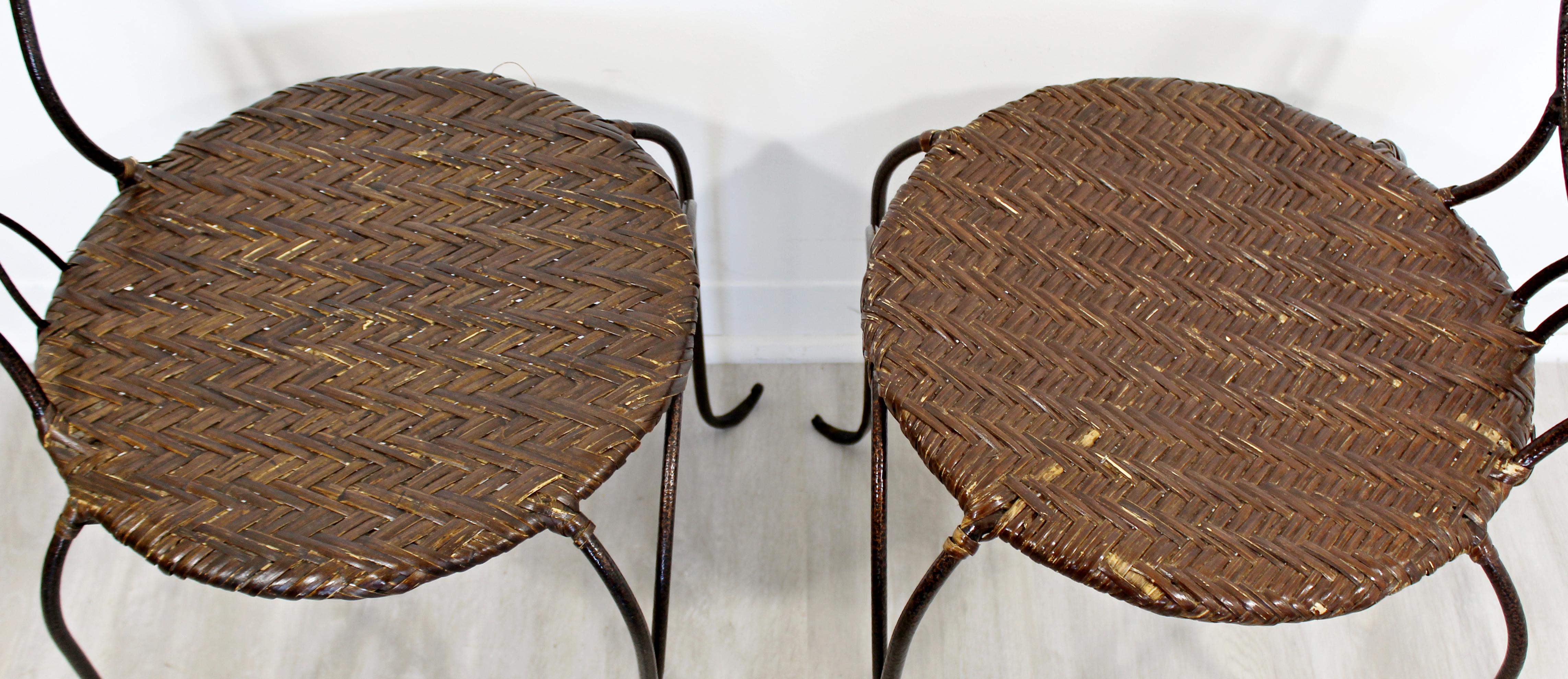 Late 20th Century Contemporary Modern Pair of Wrought Iron and Rattan Cafe Art Chairs Faces, 1990s