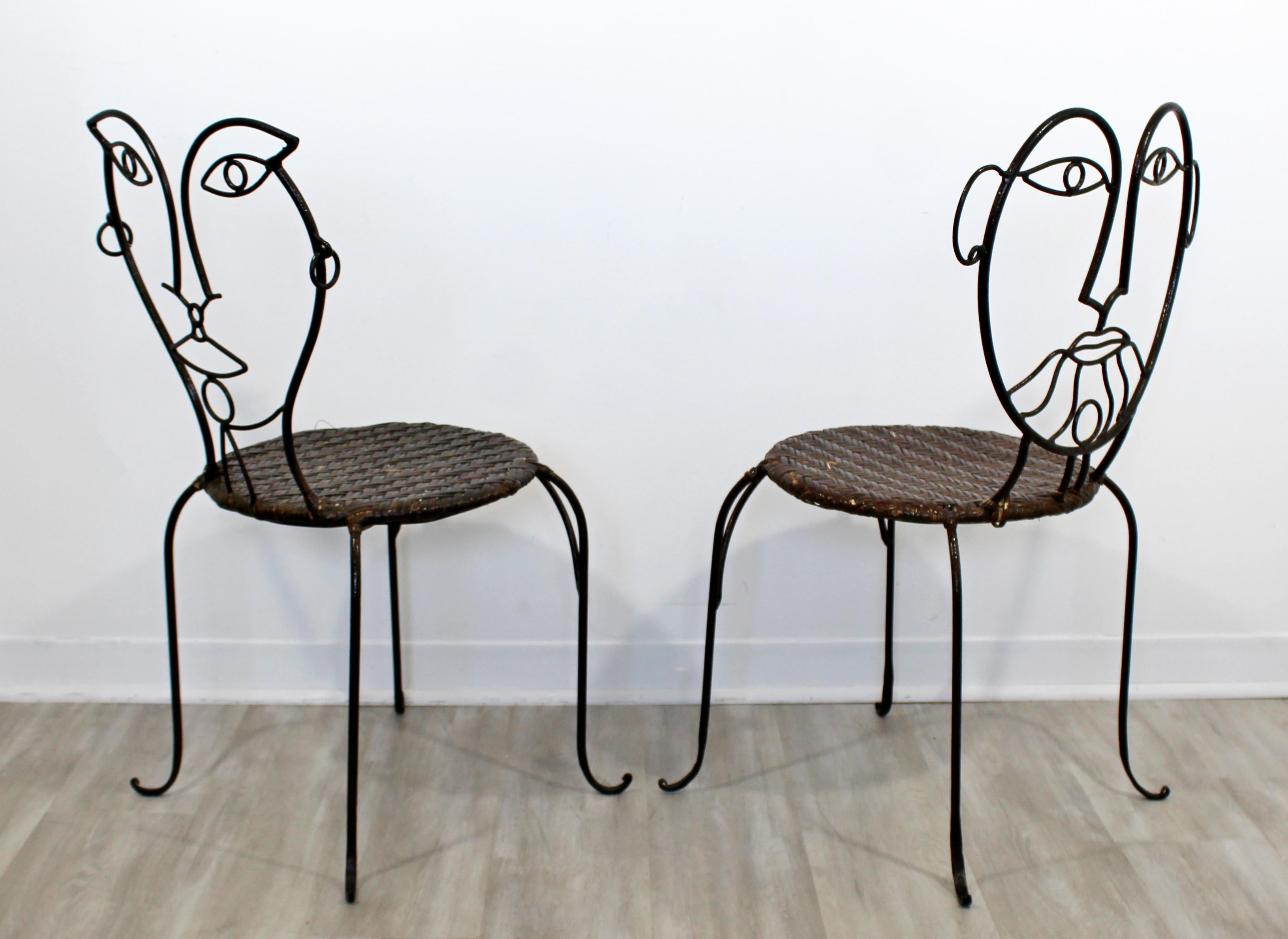 Contemporary Modern Pair of Wrought Iron and Rattan Cafe Art Chairs Faces, 1990s 1