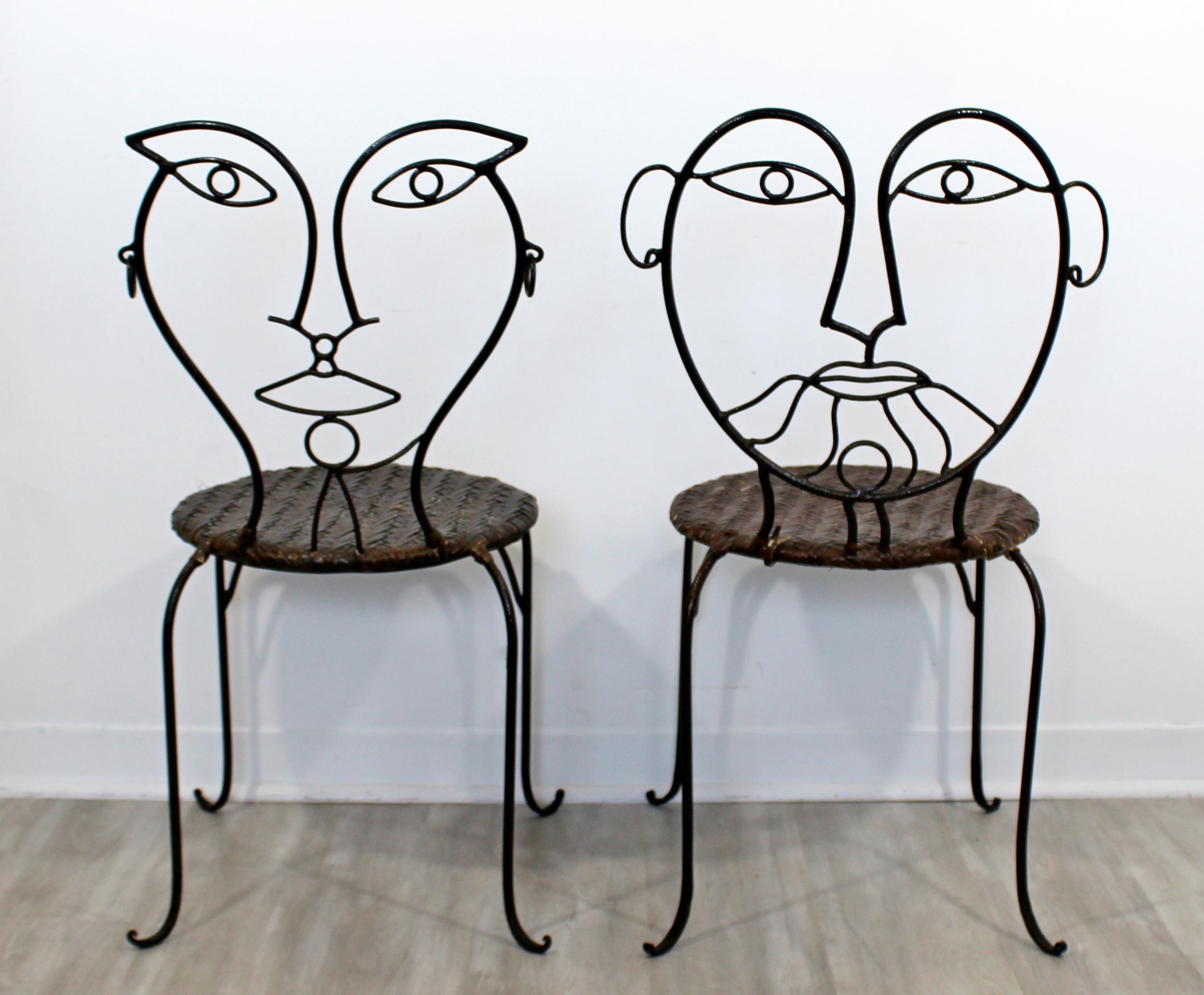 Contemporary Modern Pair of Wrought Iron and Rattan Cafe Art Chairs Faces, 1990s 2