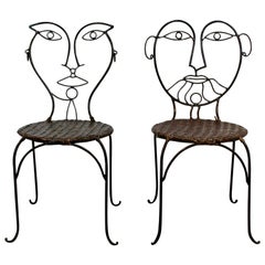 Contemporary Modern Pair of Wrought Iron and Rattan Cafe Art Chairs Faces, 1990s