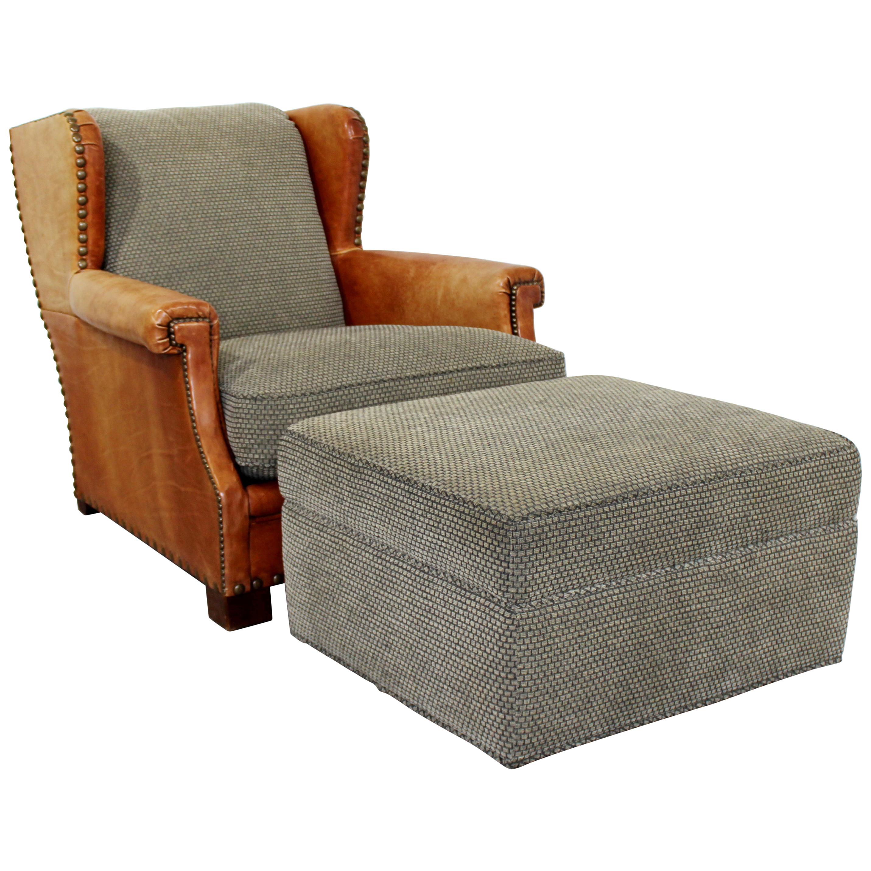 Contemporary Modern Ralph Lauren Studded Leather and Fabric Club Chair & Ottoman