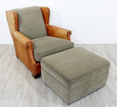Contemporary Modern Ralph Lauren Studded Leather and Fabric Club Chair & Ottoman