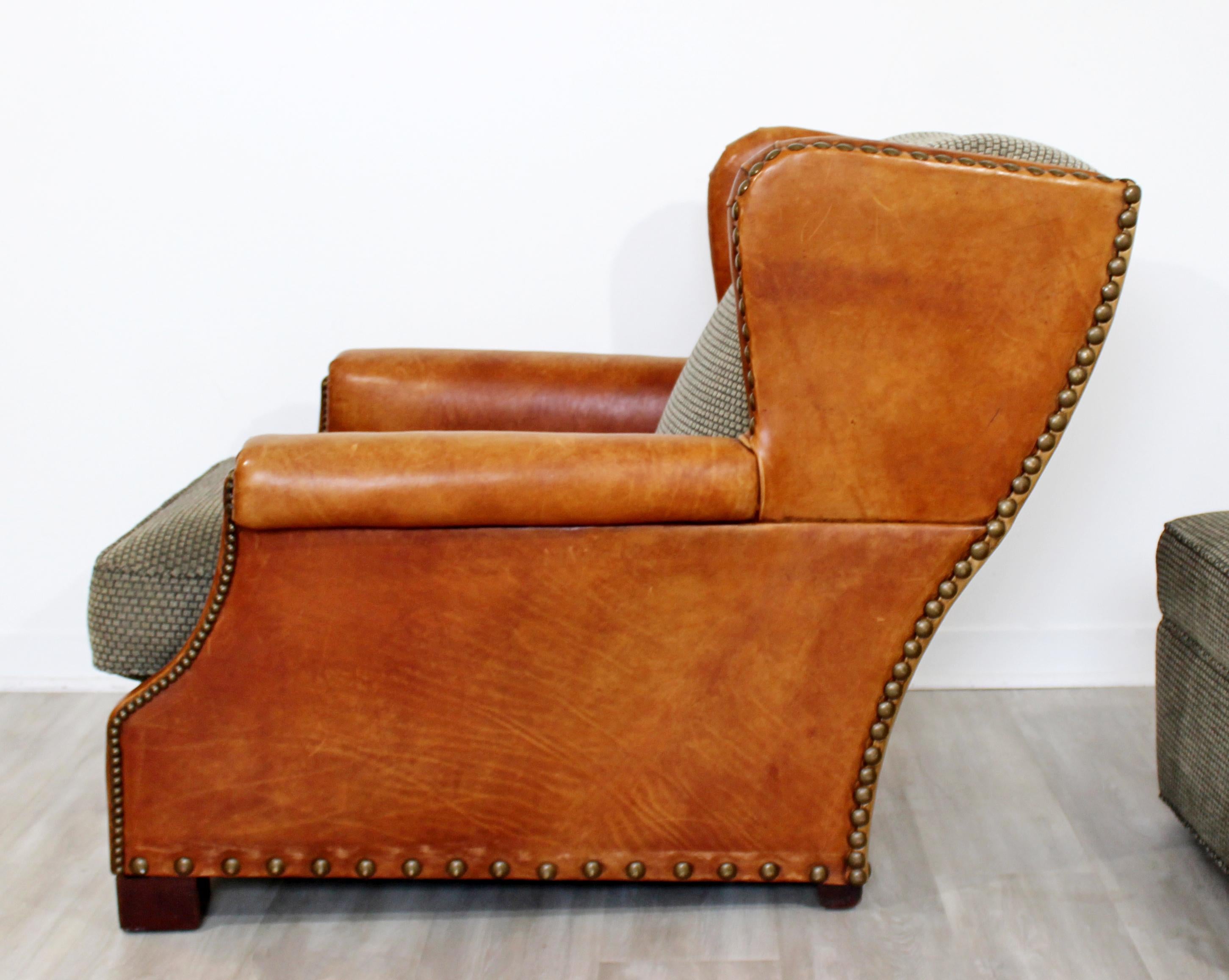 Contemporary Modern Ralph Lauren Studded Leather and Fabric Club Chair & Ottoman In Good Condition In Keego Harbor, MI