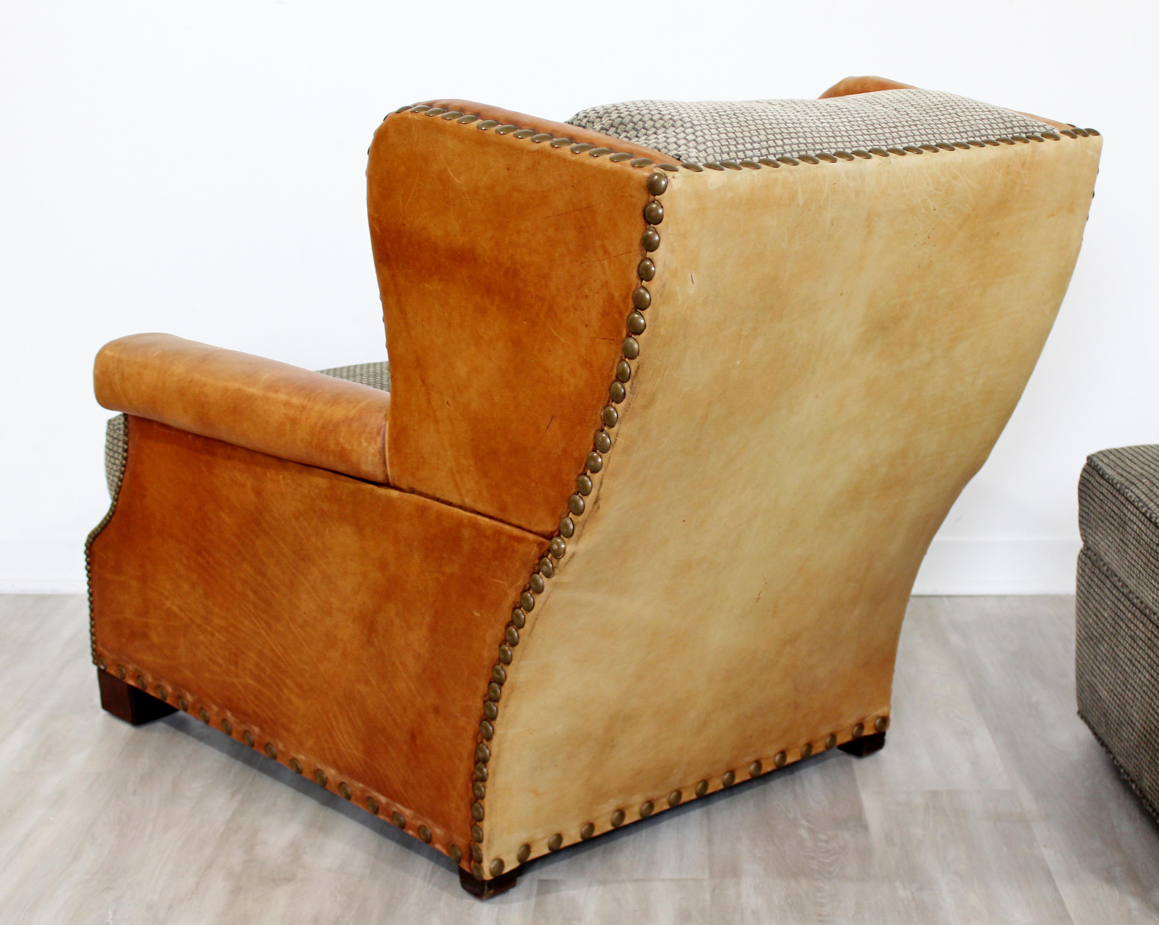 20th Century Contemporary Modern Ralph Lauren Studded Leather and Fabric Club Chair & Ottoman