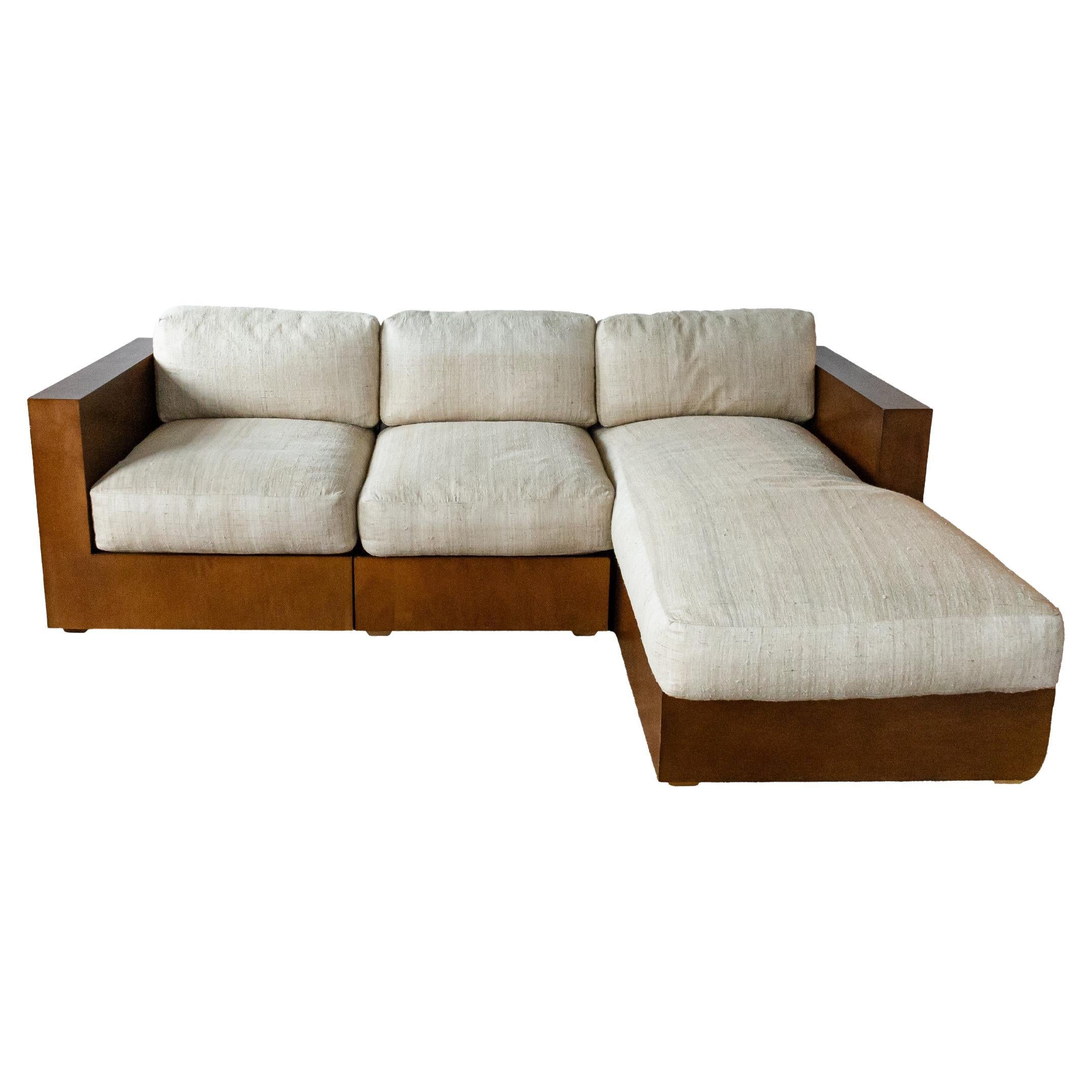 Contemporary Modern Ralph Lauren Walnut Wood 3 Piece Modular Sectional Sofa For Sale