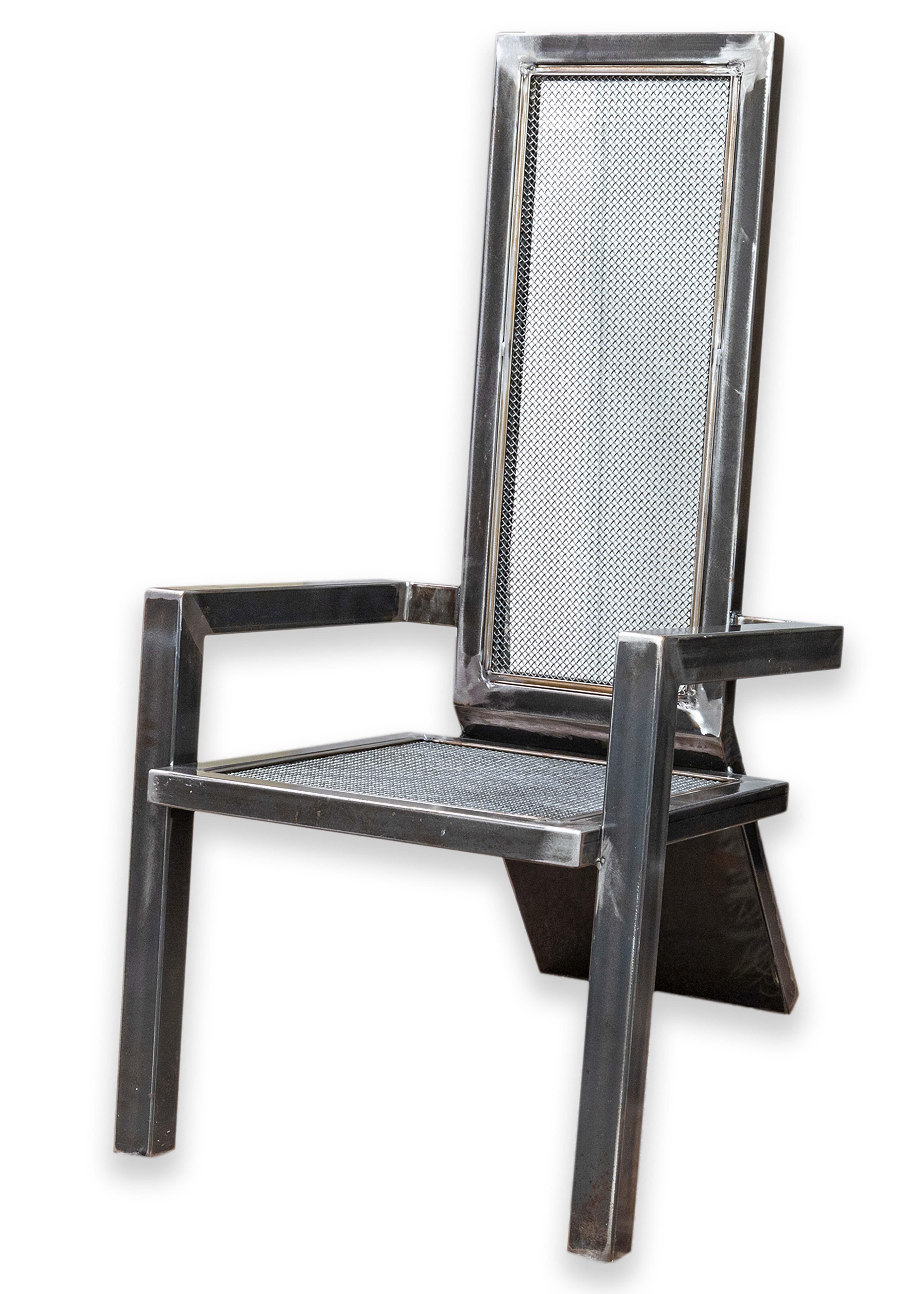 A contemporary modern metal chair sculpture by an unknown Cranbrook artist. This gorgeous full size chair sculpture features incredible design and metalwork done by an artist of the Cranbrook Academy of Art in Michigan. The chair has an adirondack