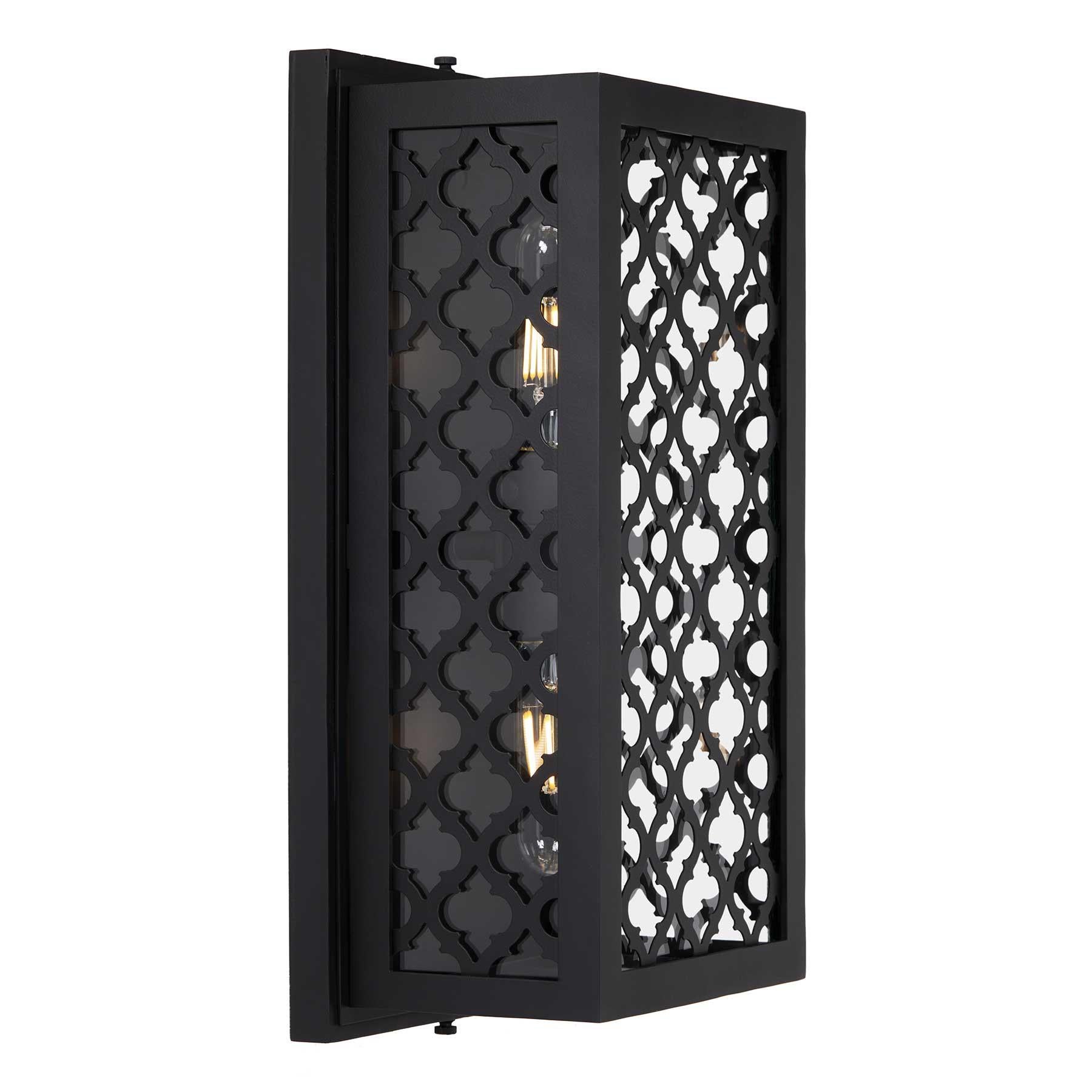 American Contemporary Modern Rectangular Exterior Wrought Iron Lantern w/ Decorative Grid For Sale