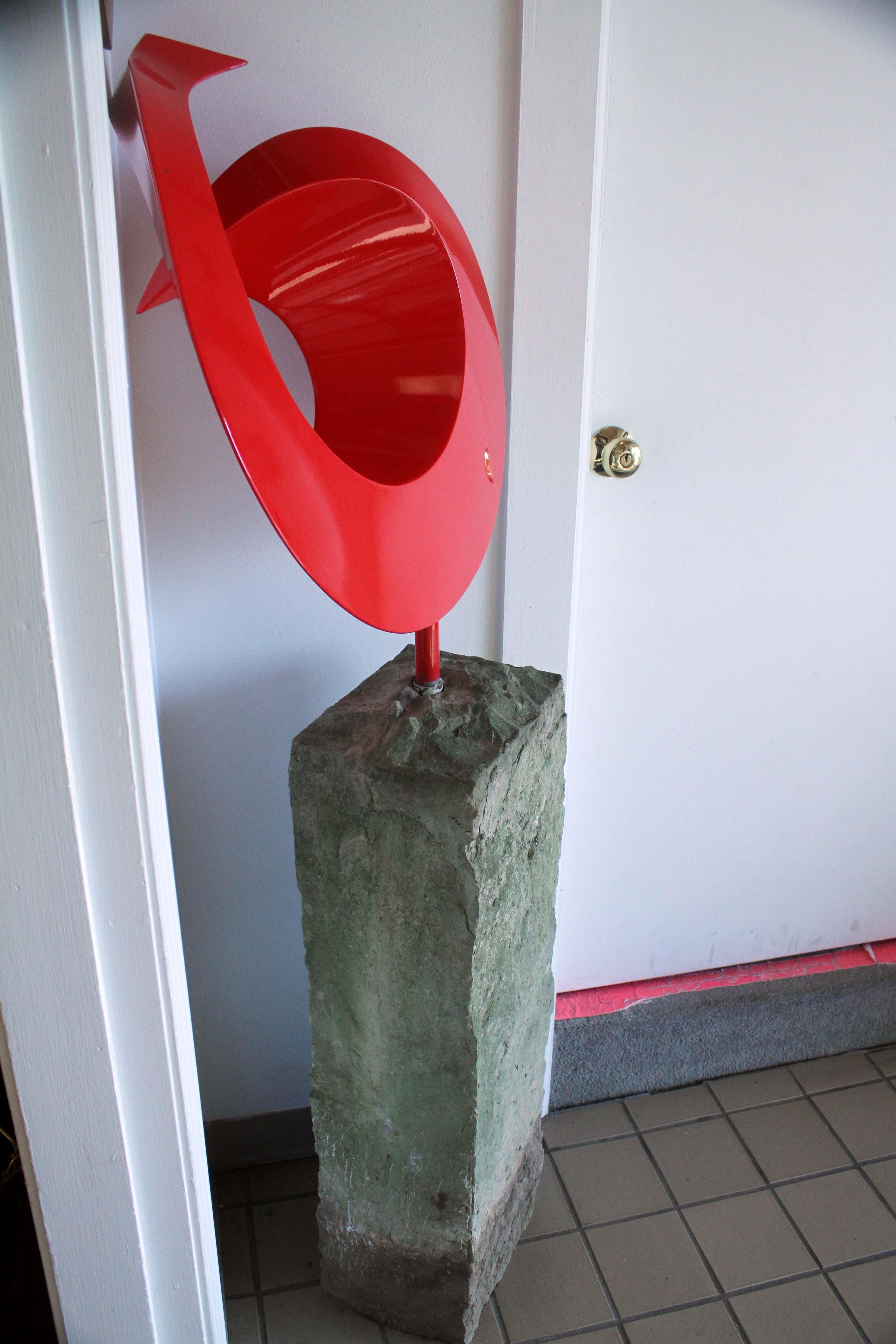 Contemporary Modern Red Metal Swirl Circle on Stone Base Sculpture In Good Condition In Keego Harbor, MI