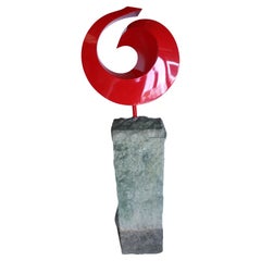 Contemporary Modern Red Metal Swirl Circle on Stone Base Sculpture