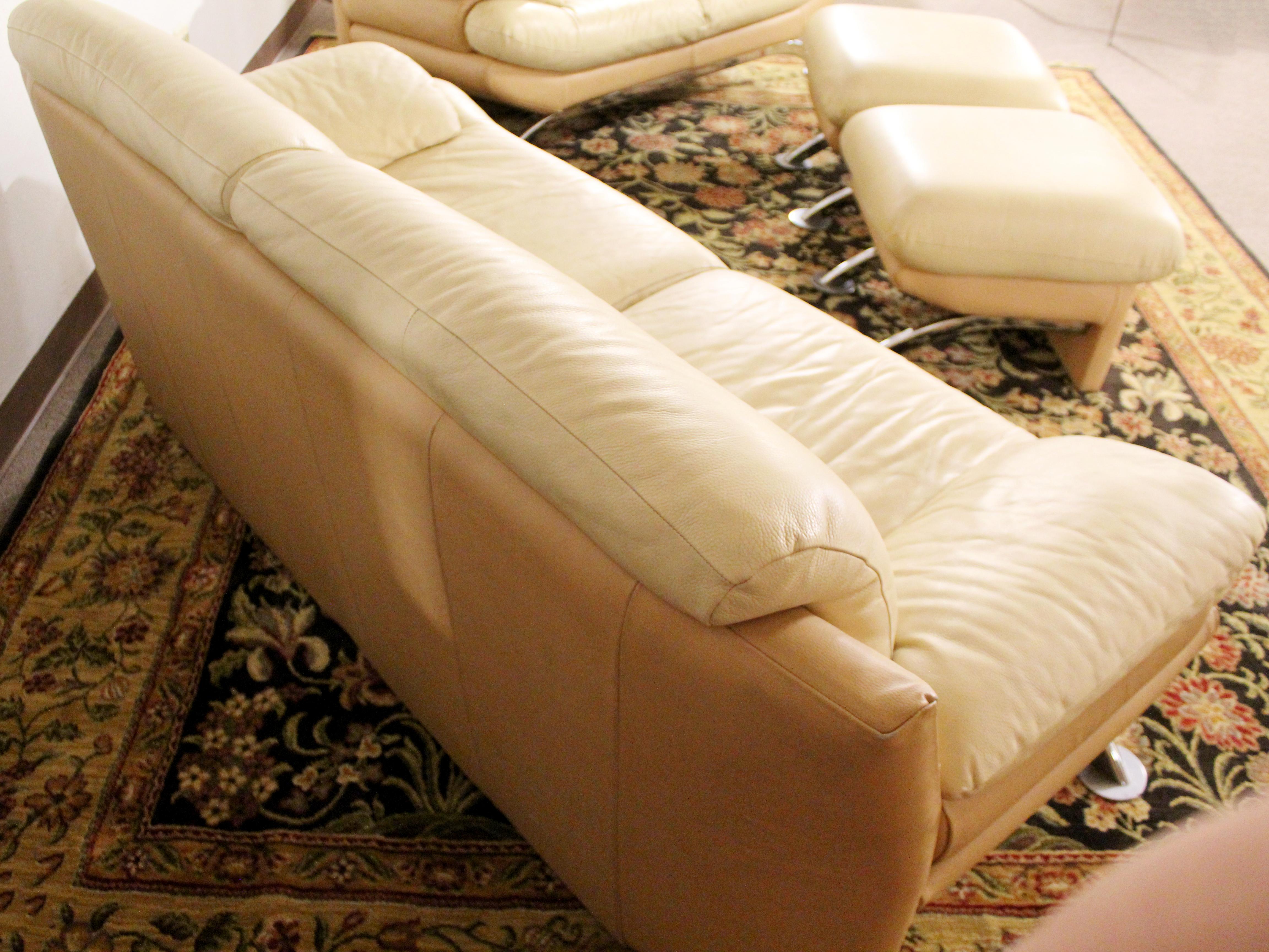 Contemporary Modern Roche Bobois Leather Chrome Sofa & Loveseat Pair Ottoman Set 4
