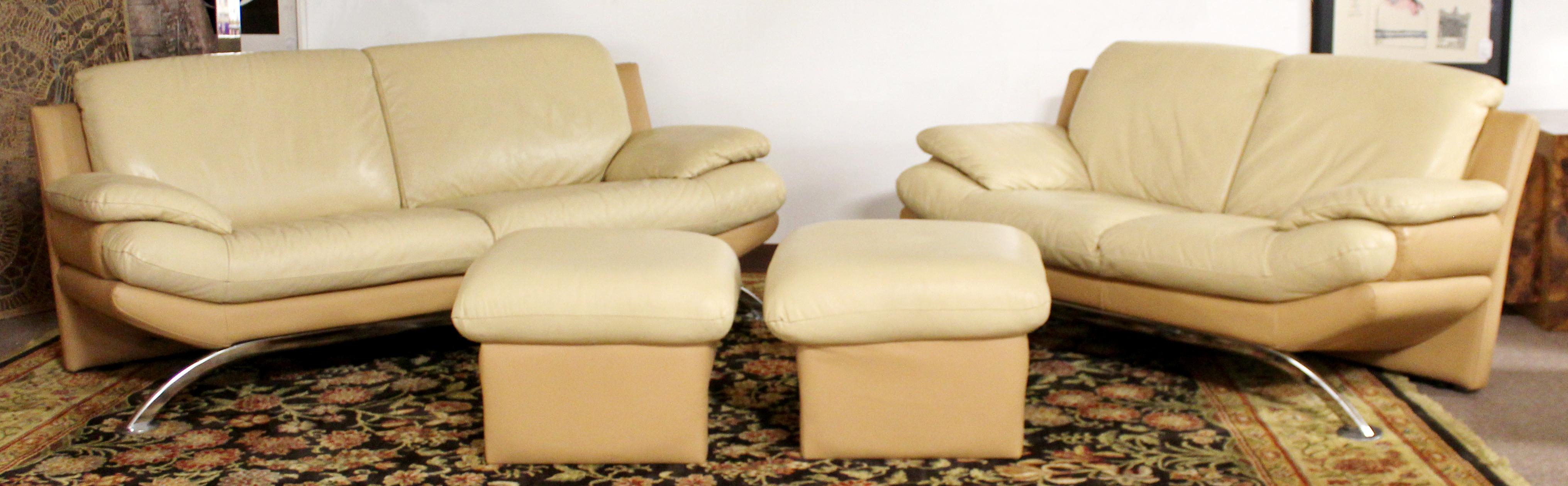 French Contemporary Modern Roche Bobois Leather Chrome Sofa & Loveseat Pair Ottoman Set