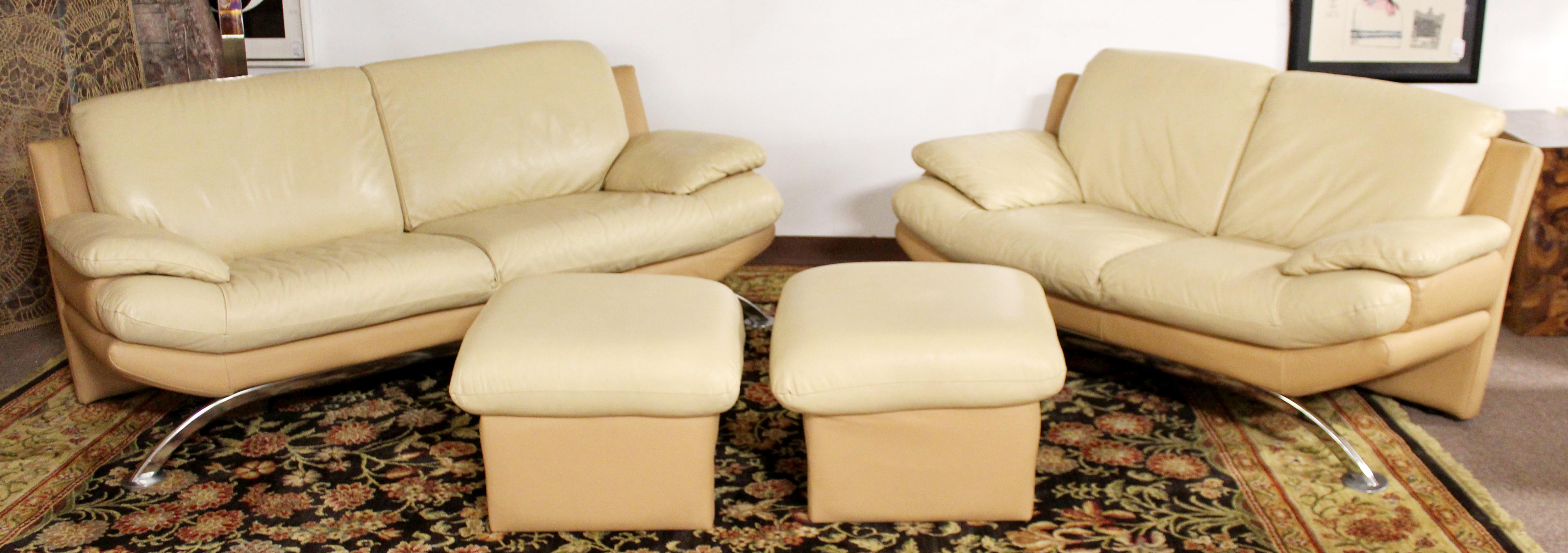 Contemporary Modern Roche Bobois Leather Chrome Sofa & Loveseat Pair Ottoman Set In Good Condition In Keego Harbor, MI