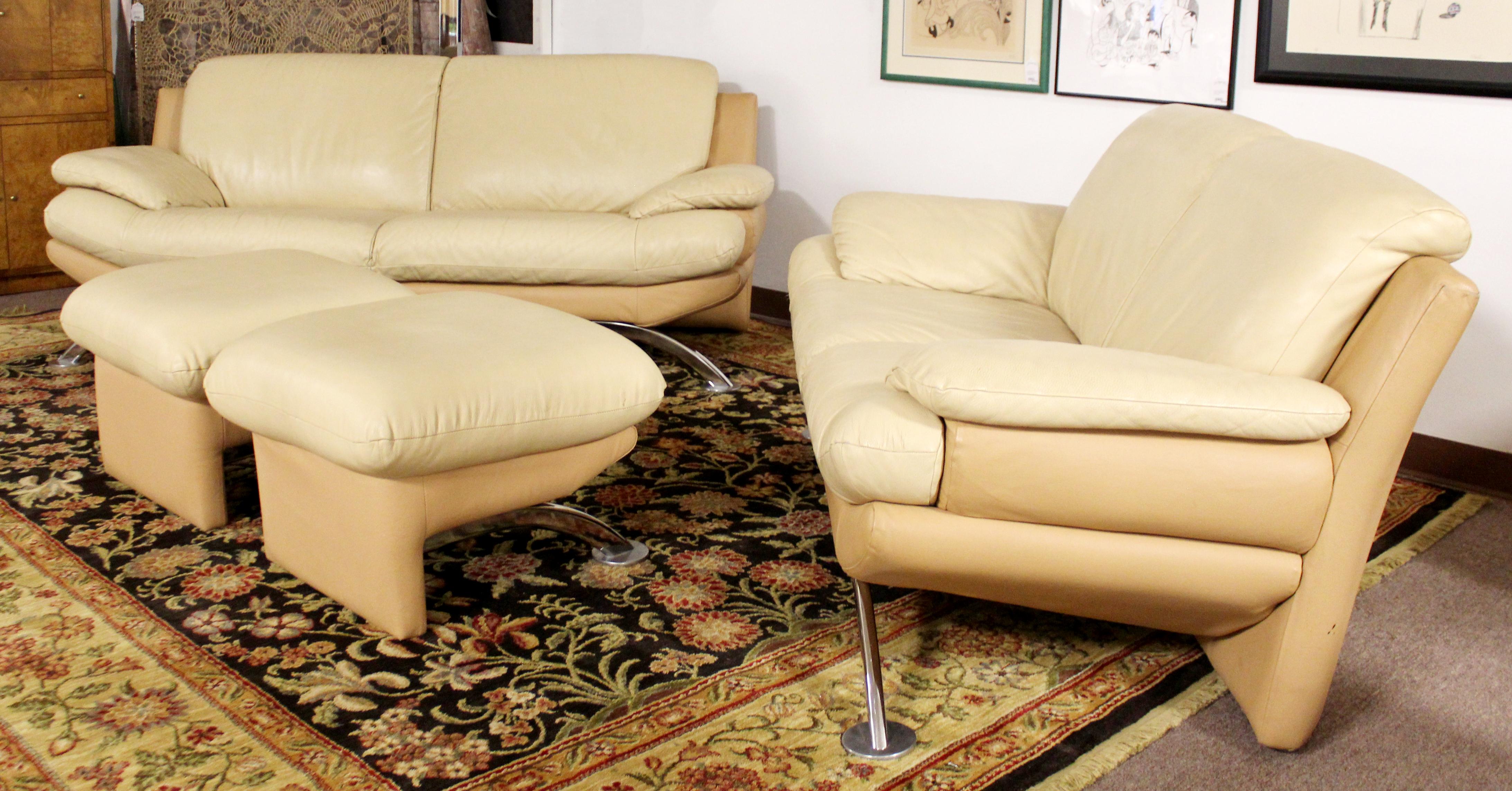 Late 20th Century Contemporary Modern Roche Bobois Leather Chrome Sofa & Loveseat Pair Ottoman Set