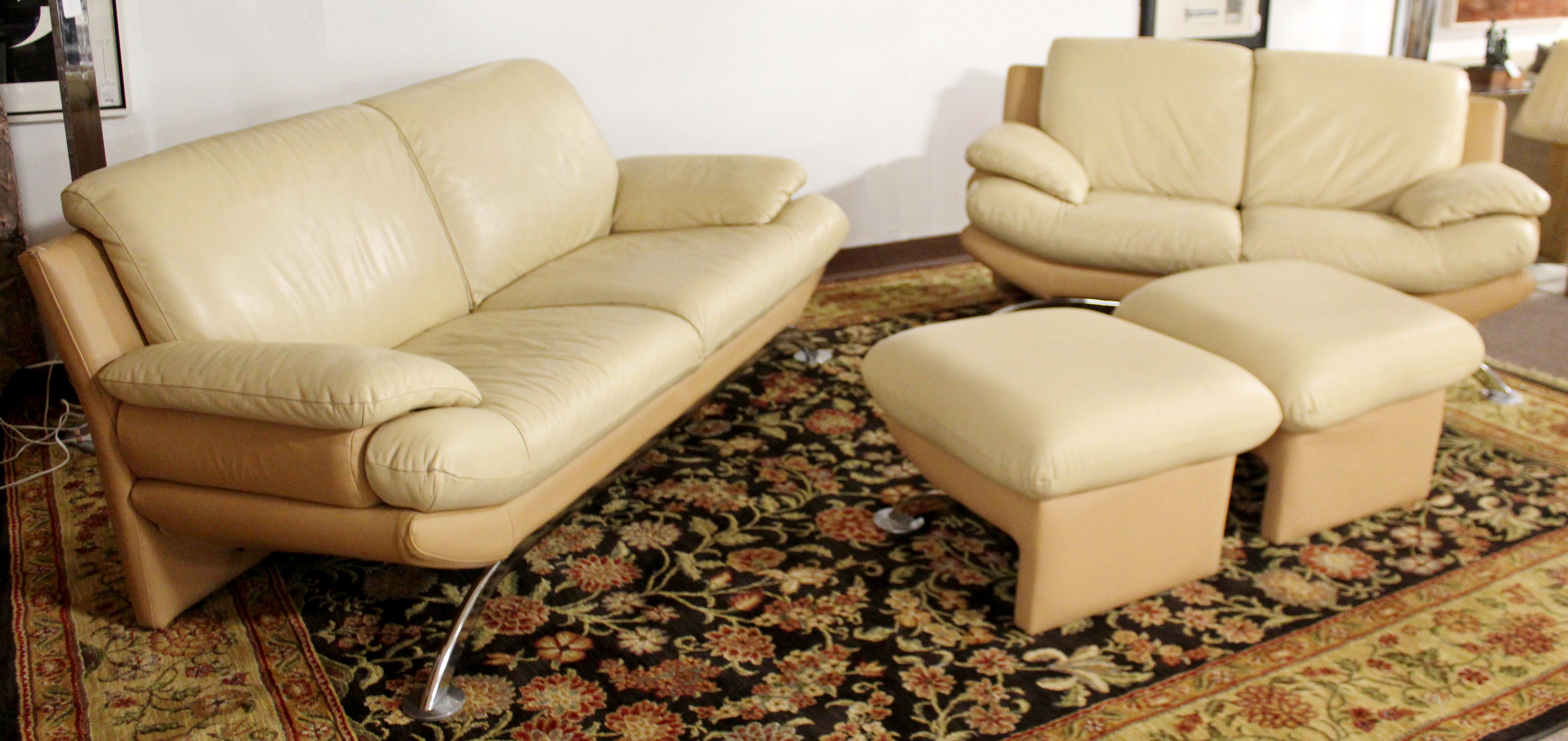Contemporary Modern Roche Bobois Leather Chrome Sofa & Loveseat Pair Ottoman Set 2