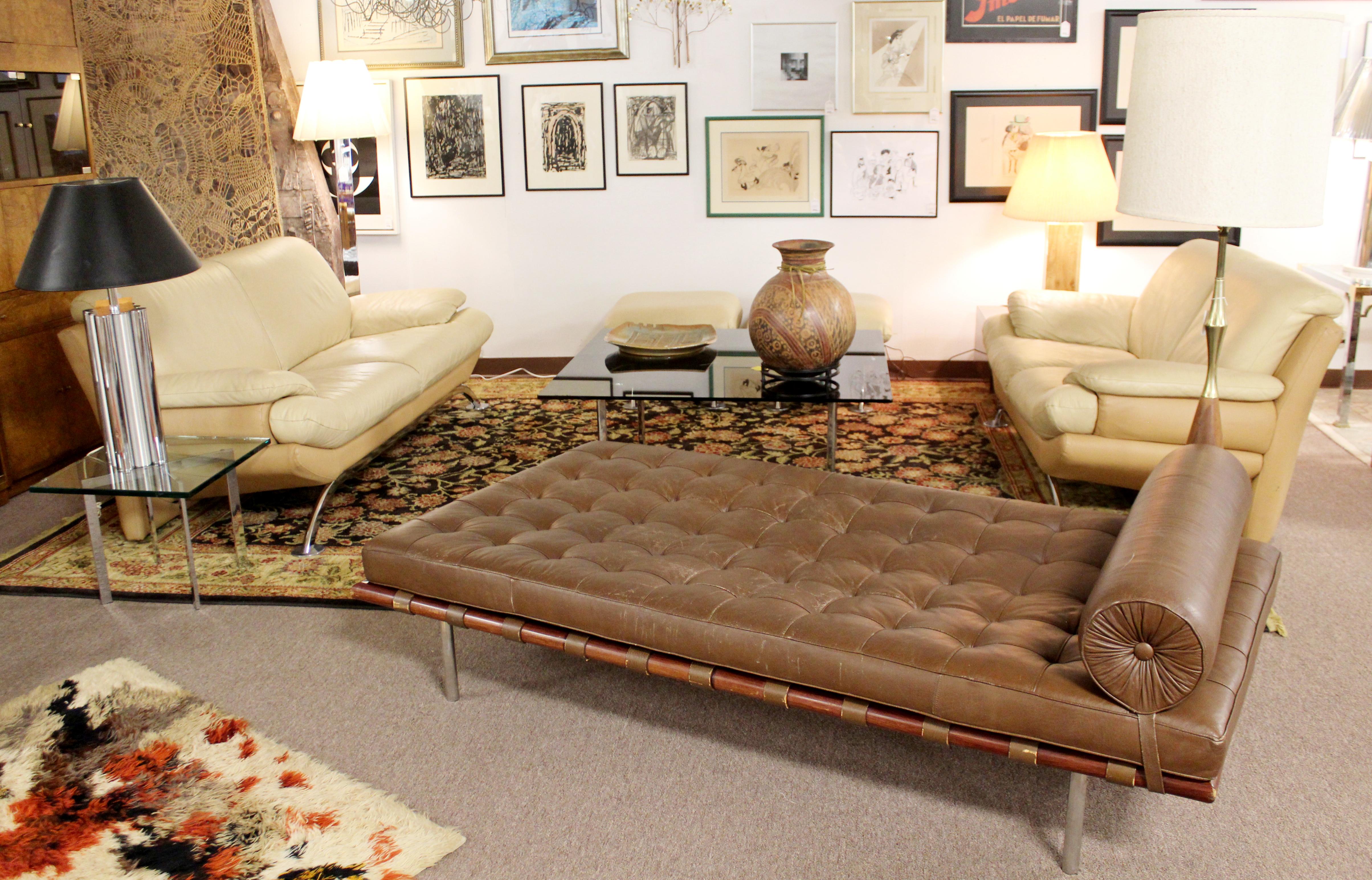 Contemporary Modern Roche Bobois Leather Chrome Sofa & Loveseat Pair Ottoman Set 3