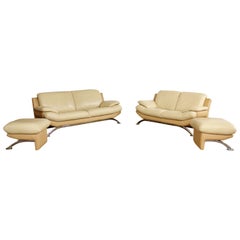 Contemporary Modern Roche Bobois Leather Chrome Sofa & Loveseat Pair Ottoman Set