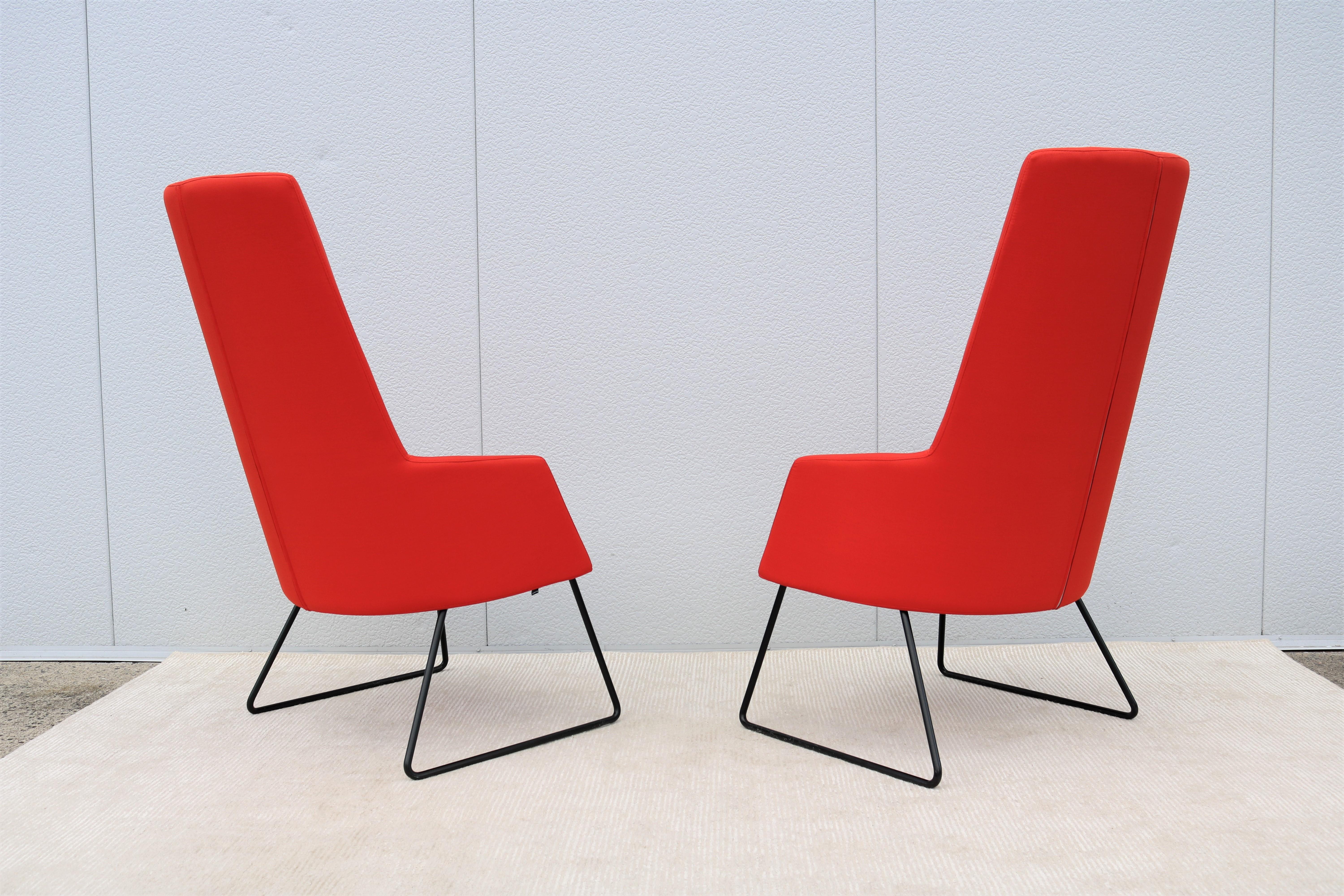 Fabric Contemporary Modern Rouillard Solo High Back Red Lounge Chairs, a Pair For Sale