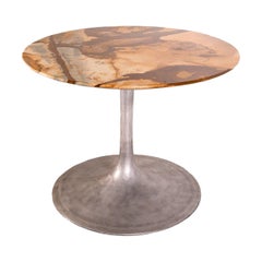 Contemporary Modern Round Brushed Steel Tulip Base Brown Marble Dinette Table