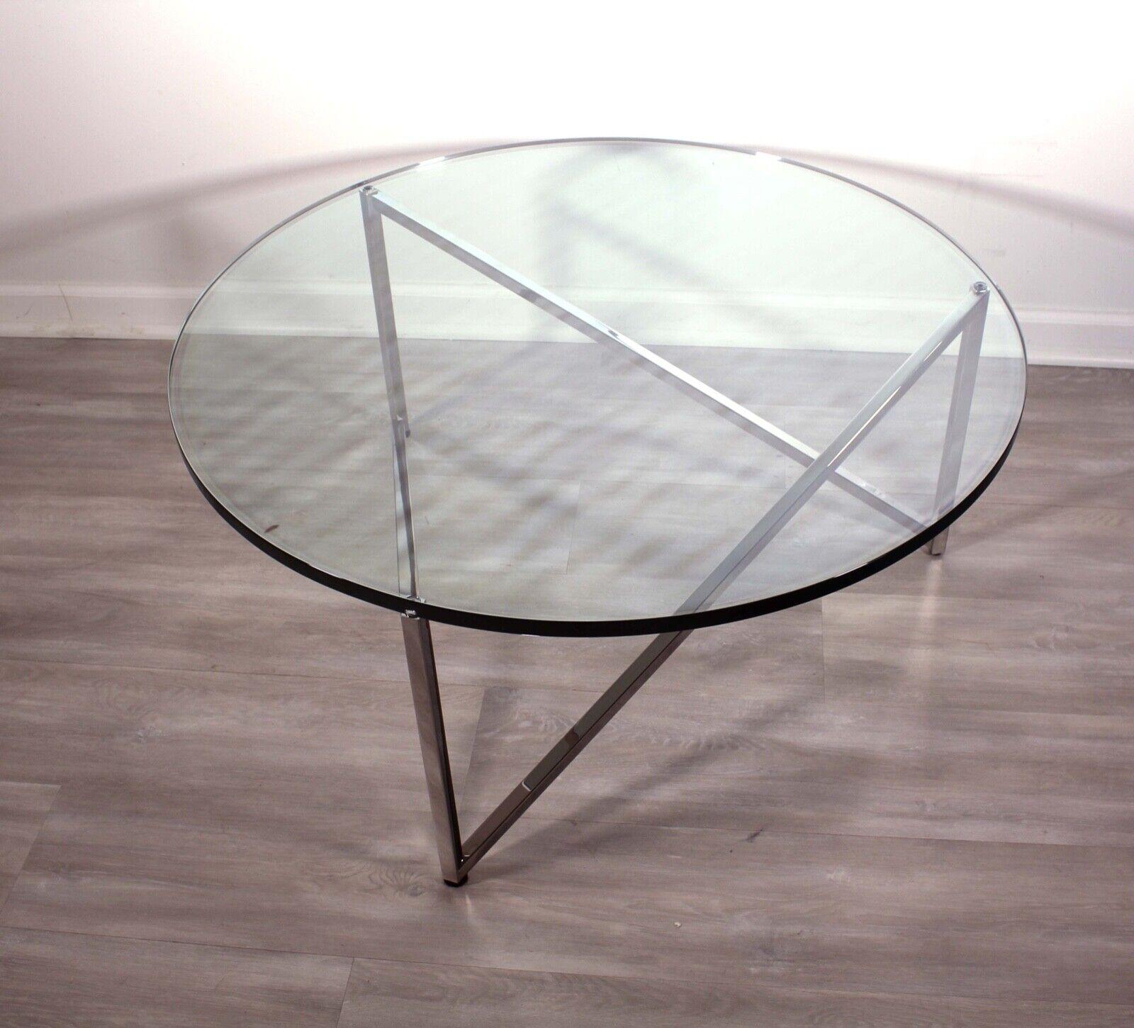 Contemporary Modern Round Glass Coffee Table Polished Stainless Steel Brueton For Sale 7