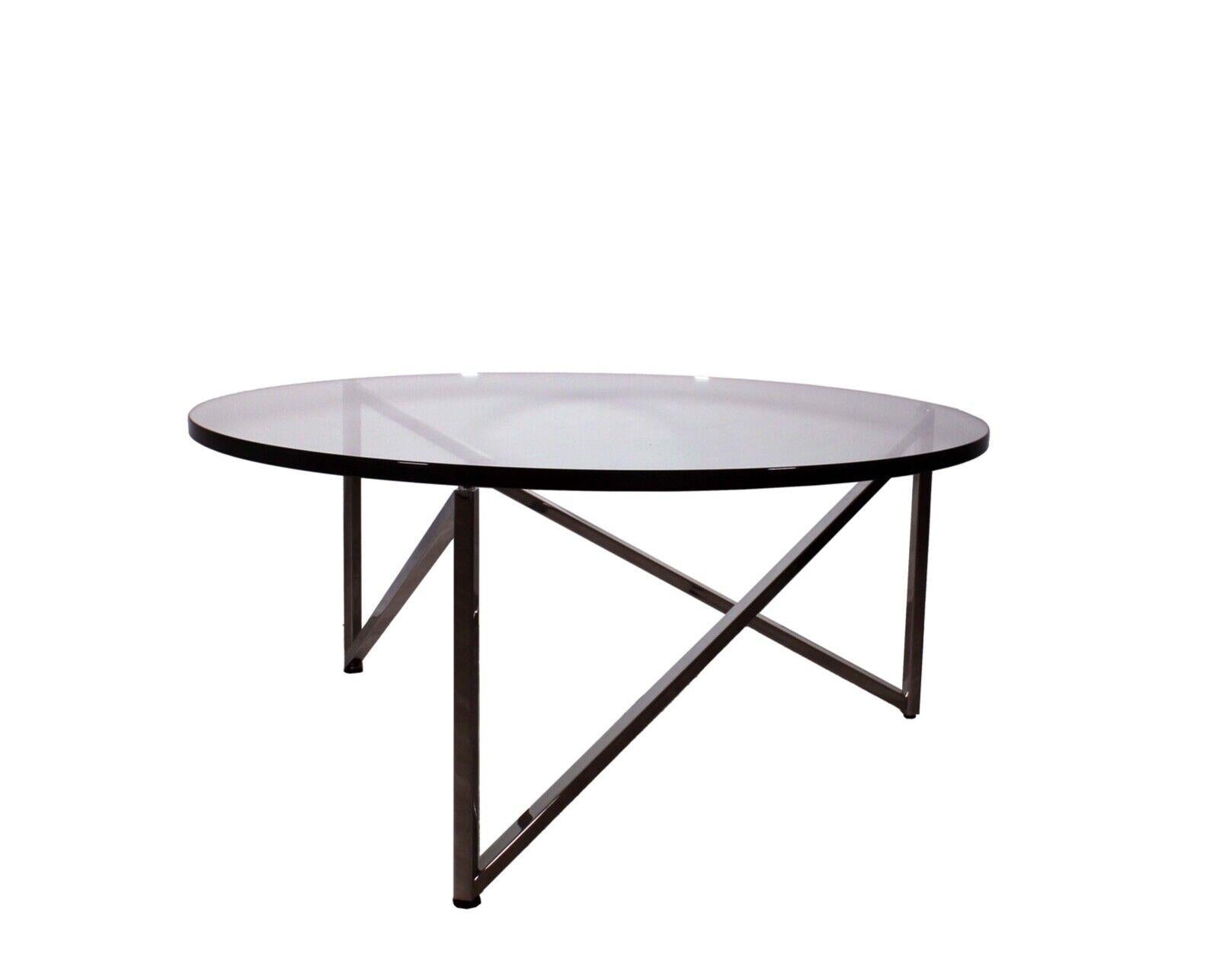 Contemporary Modern Round Glass Coffee Table Polished Stainless Steel Brueton In Good Condition For Sale In Keego Harbor, MI