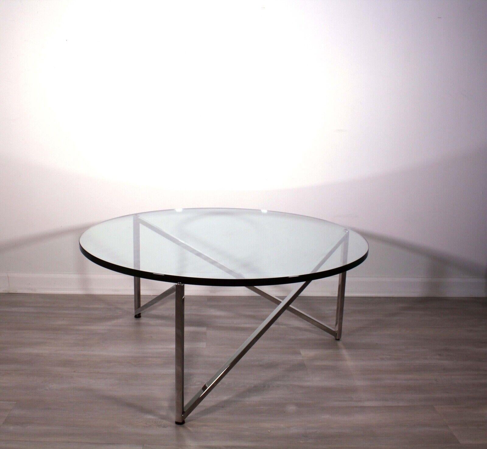 Contemporary Modern Round Glass Coffee Table Polished Stainless Steel Brueton 1