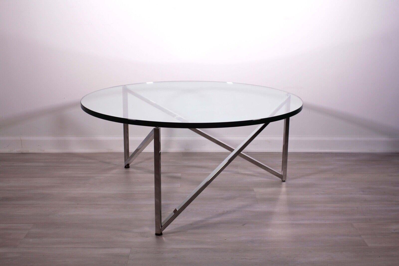 Contemporary Modern Round Glass Coffee Table Polished Stainless Steel Brueton For Sale 2
