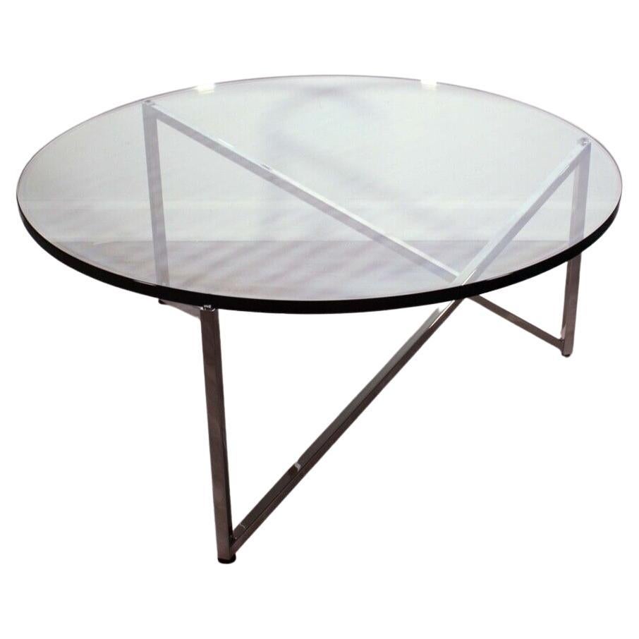 Contemporary Modern Round Glass Coffee Table Polished Stainless Steel Brueton For Sale