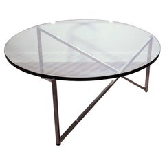 Used Contemporary Modern Round Glass Coffee Table Polished Stainless Steel Brueton