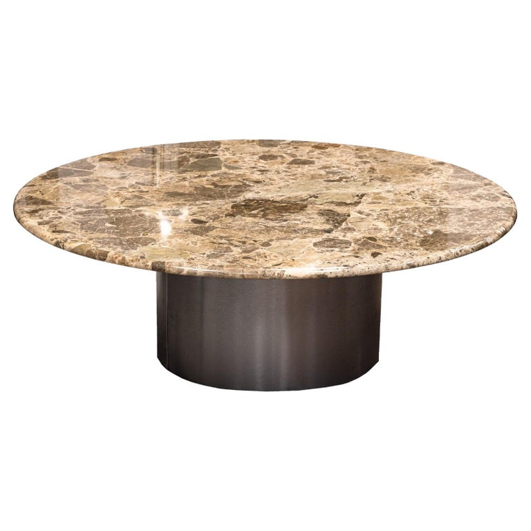 Contemporary Modern Round Marble Coffee Table with a Metal Cylinder