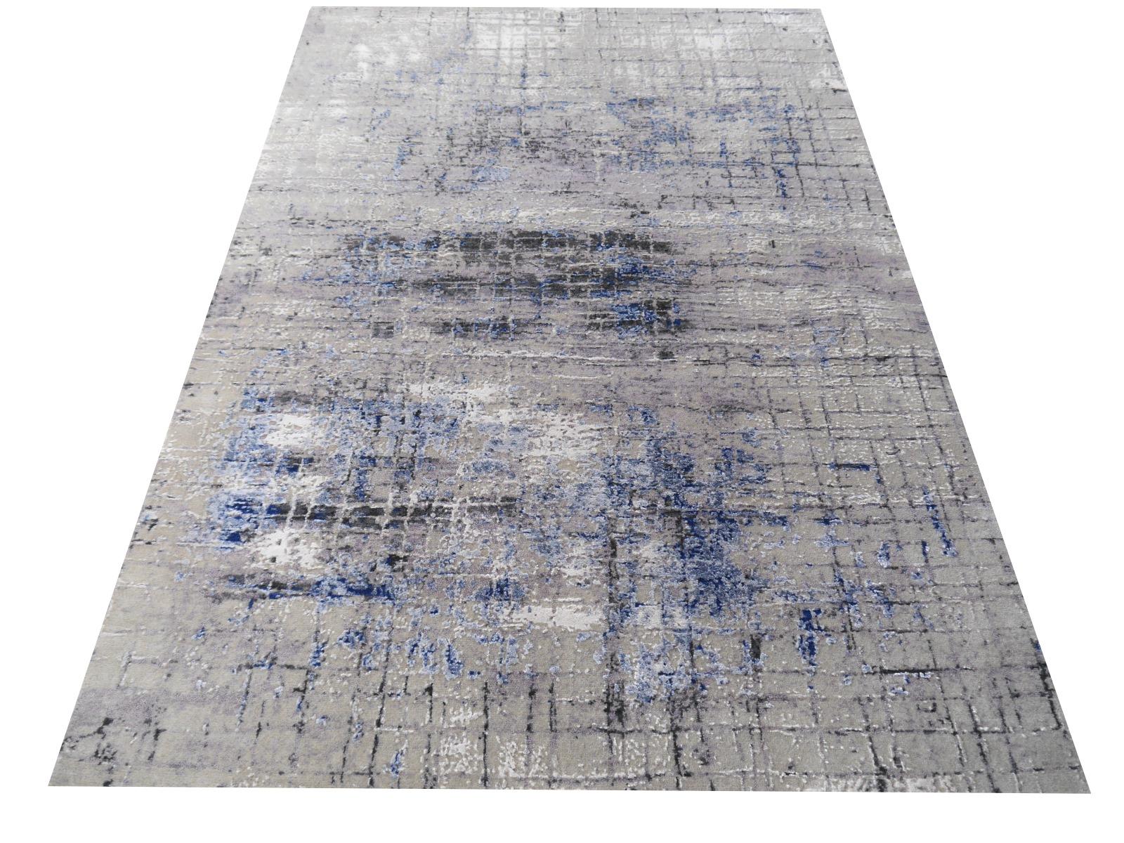 Indian Contemporary Modern Rug Hand Knotted Beige Blue Charcoal Djoharian Collection For Sale