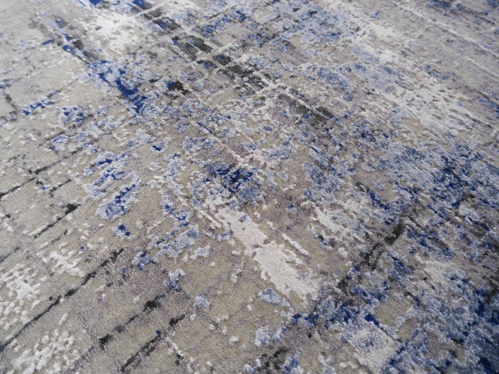 Wool Contemporary Modern Rug Hand Knotted Beige Blue Charcoal Djoharian Collection For Sale