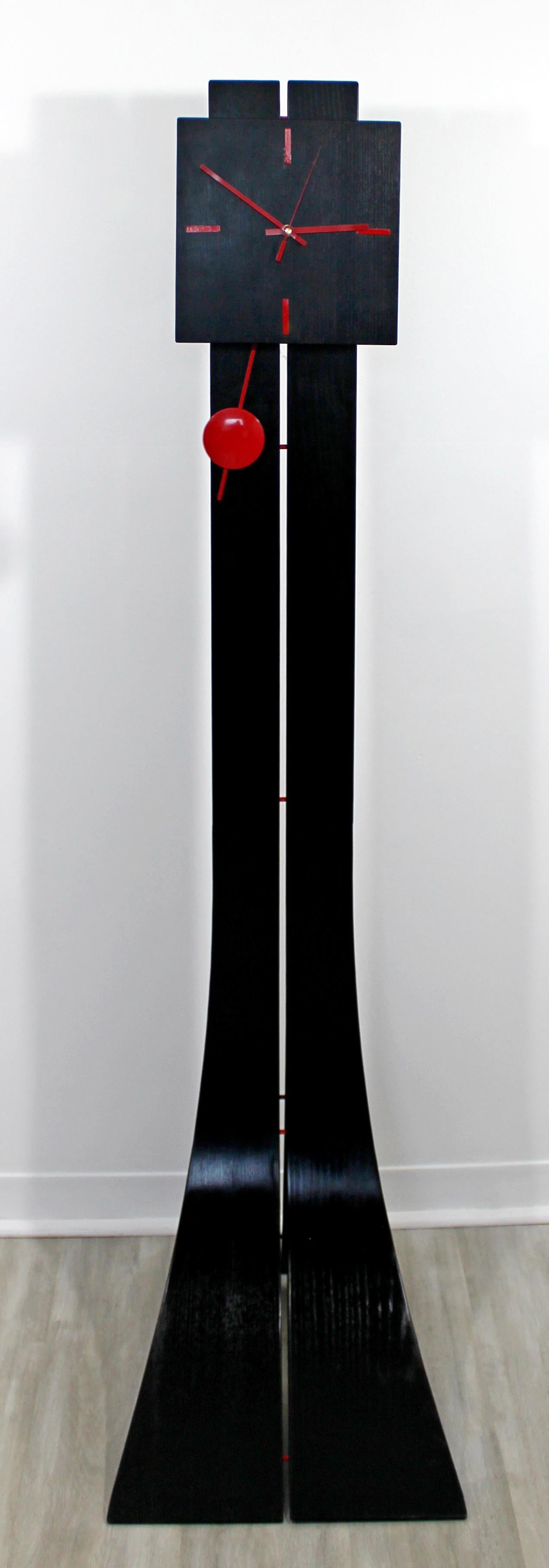 Contemporary Modern Sculptural Black Wood and Red Standing Floor Clock, 1970s For Sale at 1stDibs