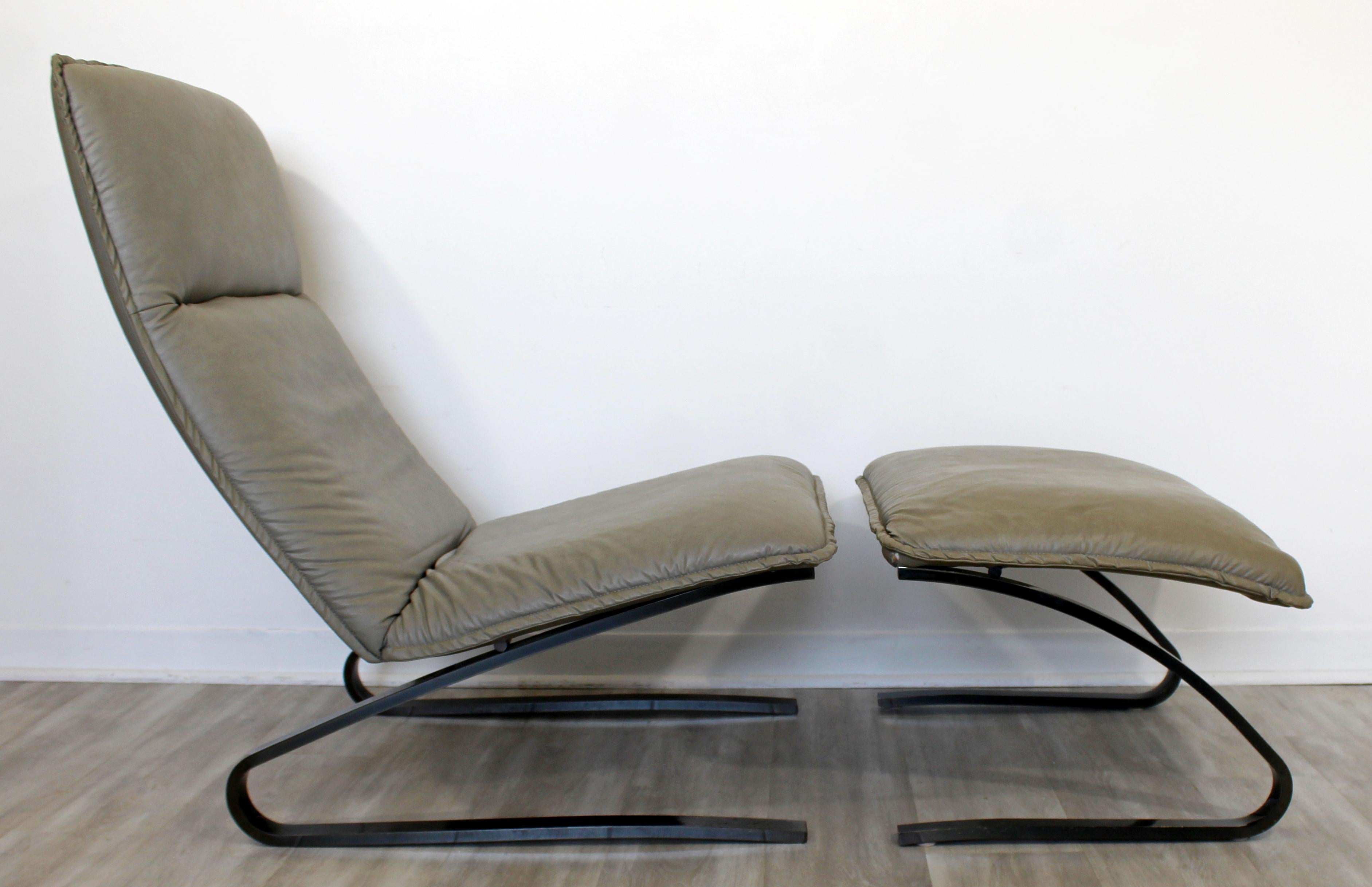 American Contemporary Modern Sculptural DIA Gunmetal Leather Lounge Chair & Ottoman 1990s