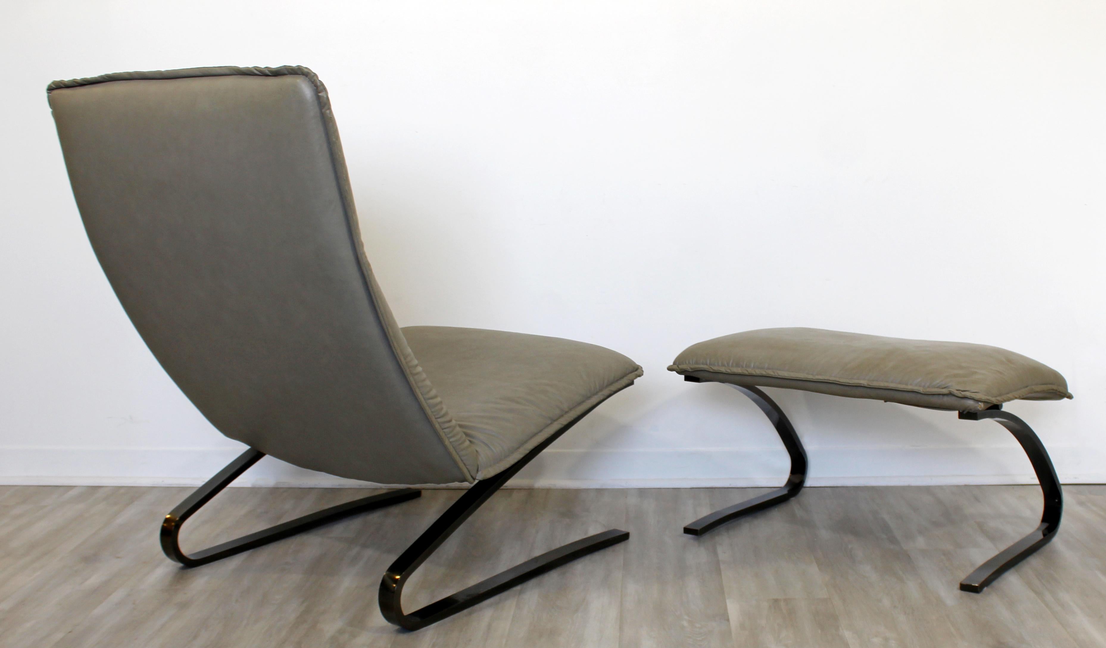 Late 20th Century Contemporary Modern Sculptural DIA Gunmetal Leather Lounge Chair & Ottoman 1990s