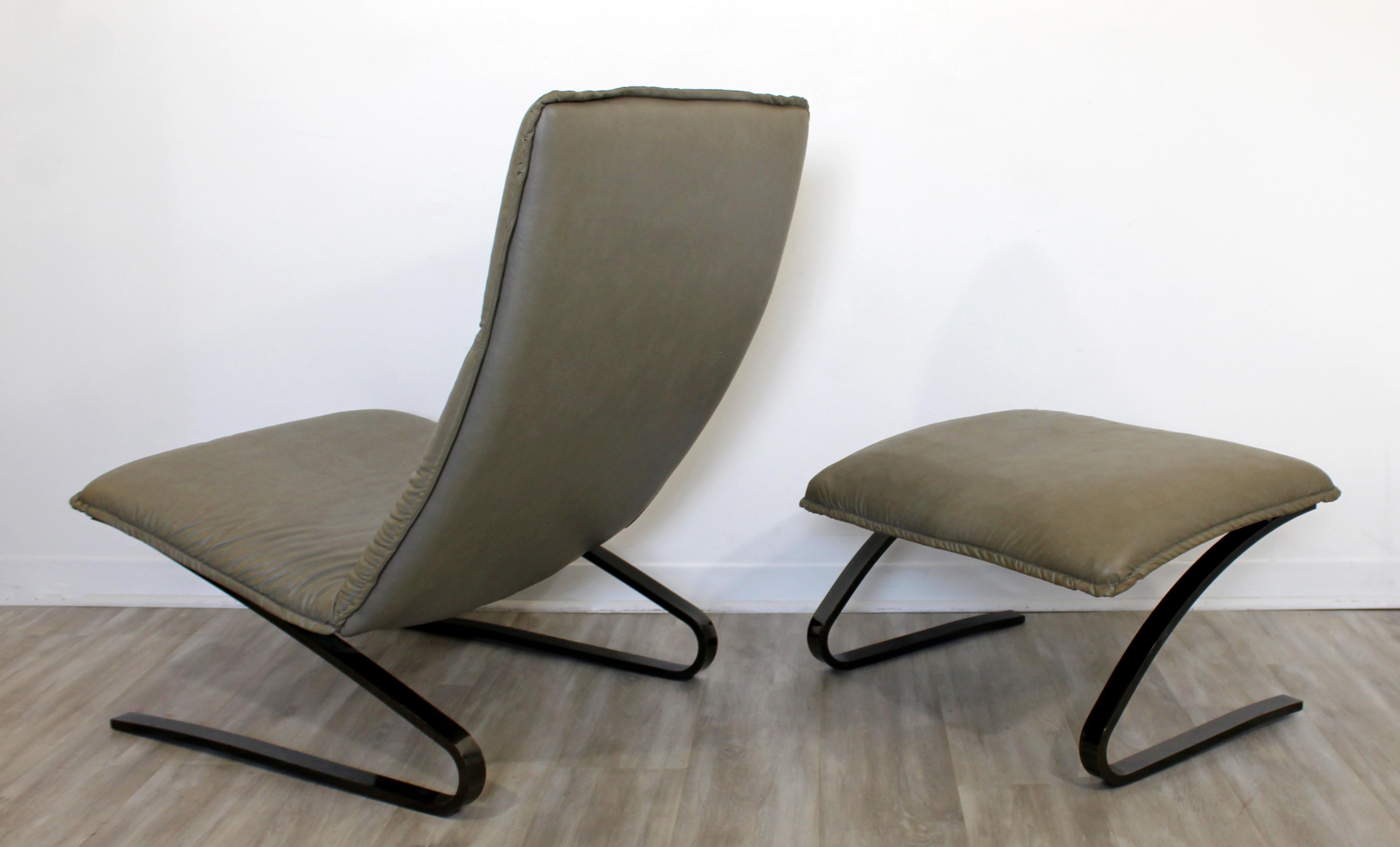 Contemporary Modern Sculptural DIA Gunmetal Leather Lounge Chair & Ottoman 1990s 1