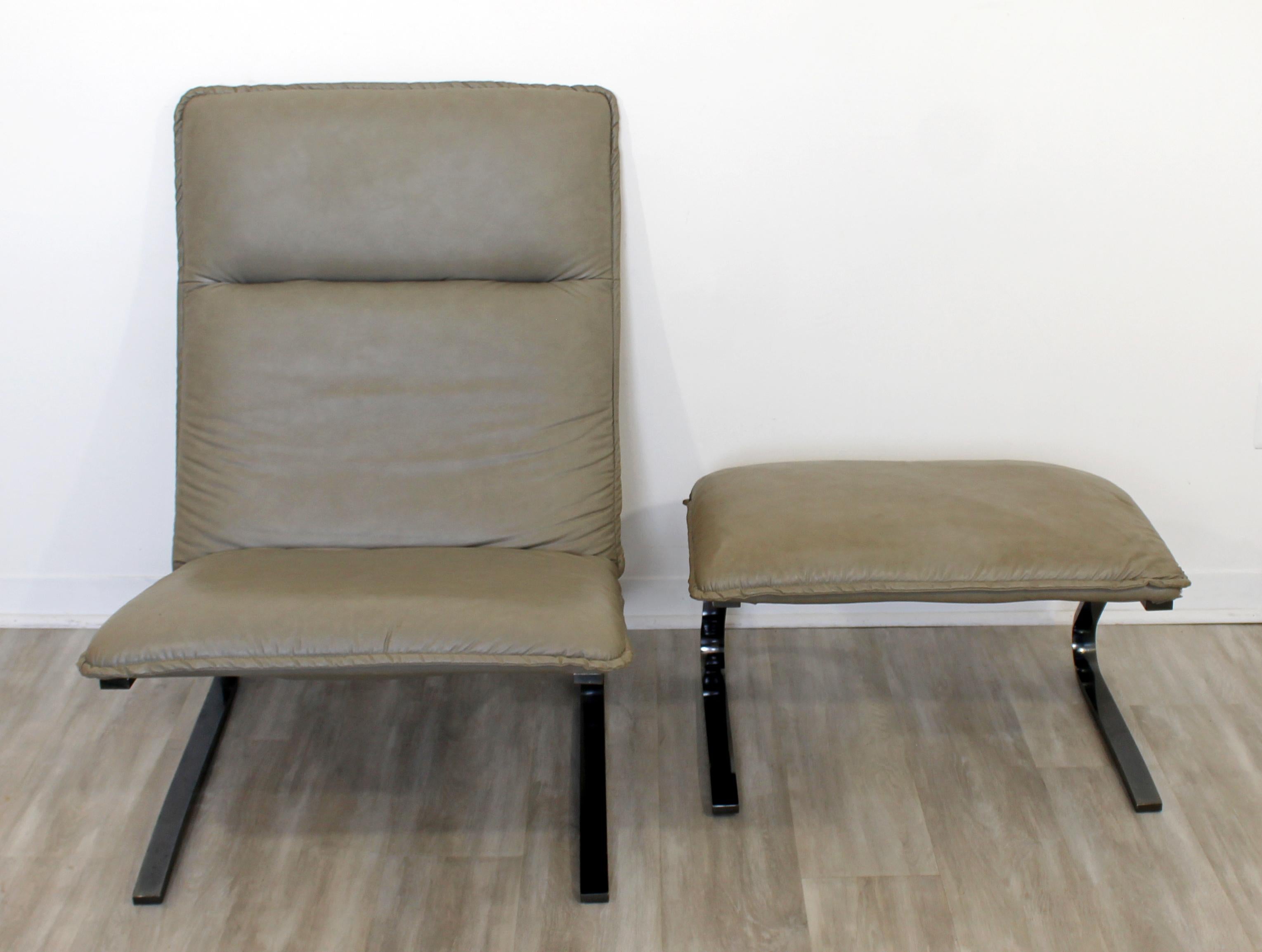 Contemporary Modern Sculptural DIA Gunmetal Leather Lounge Chair & Ottoman 1990s 2