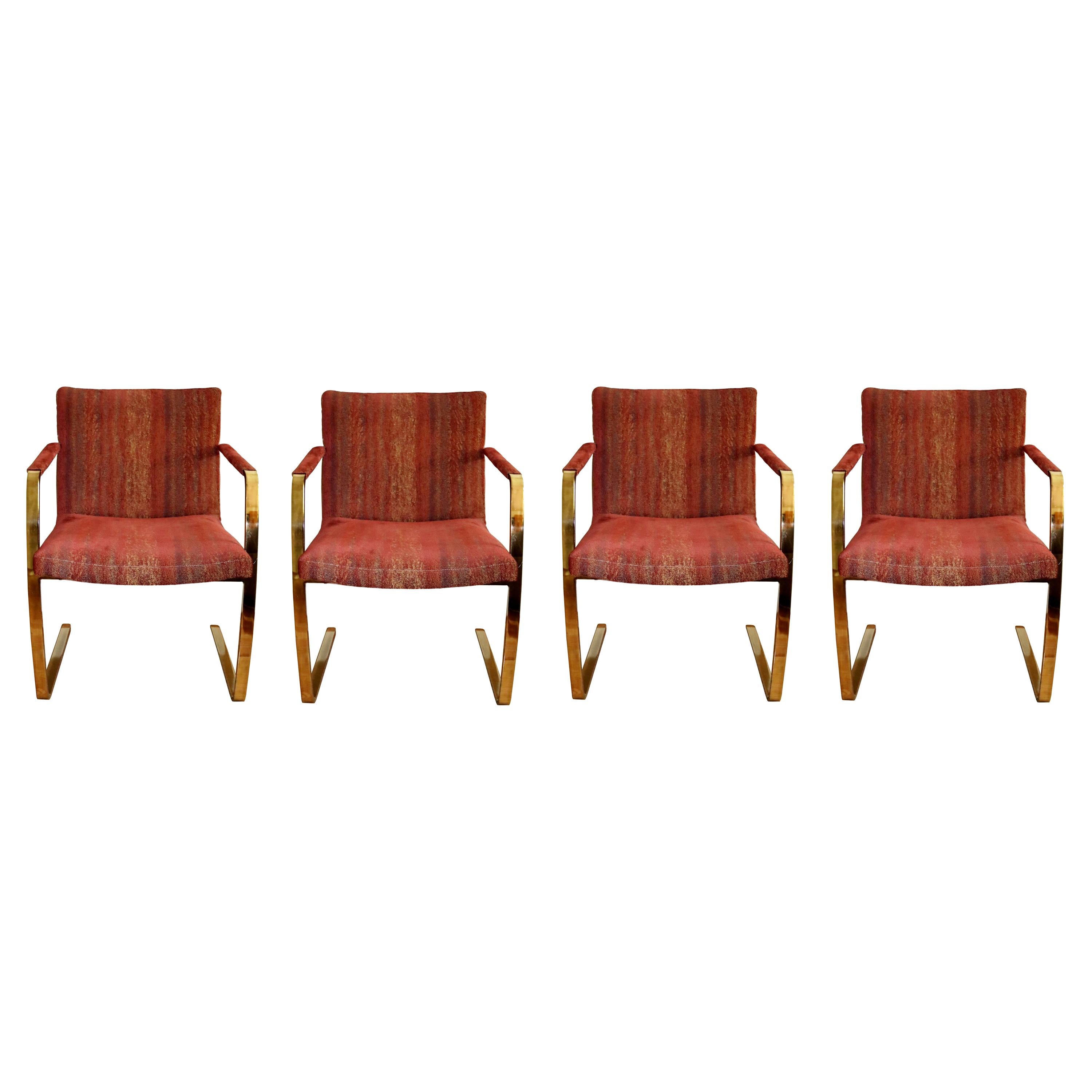 Contemporary Modern Set of 4 Brass Cantilever Dining Armchairs by Pace, 1980s