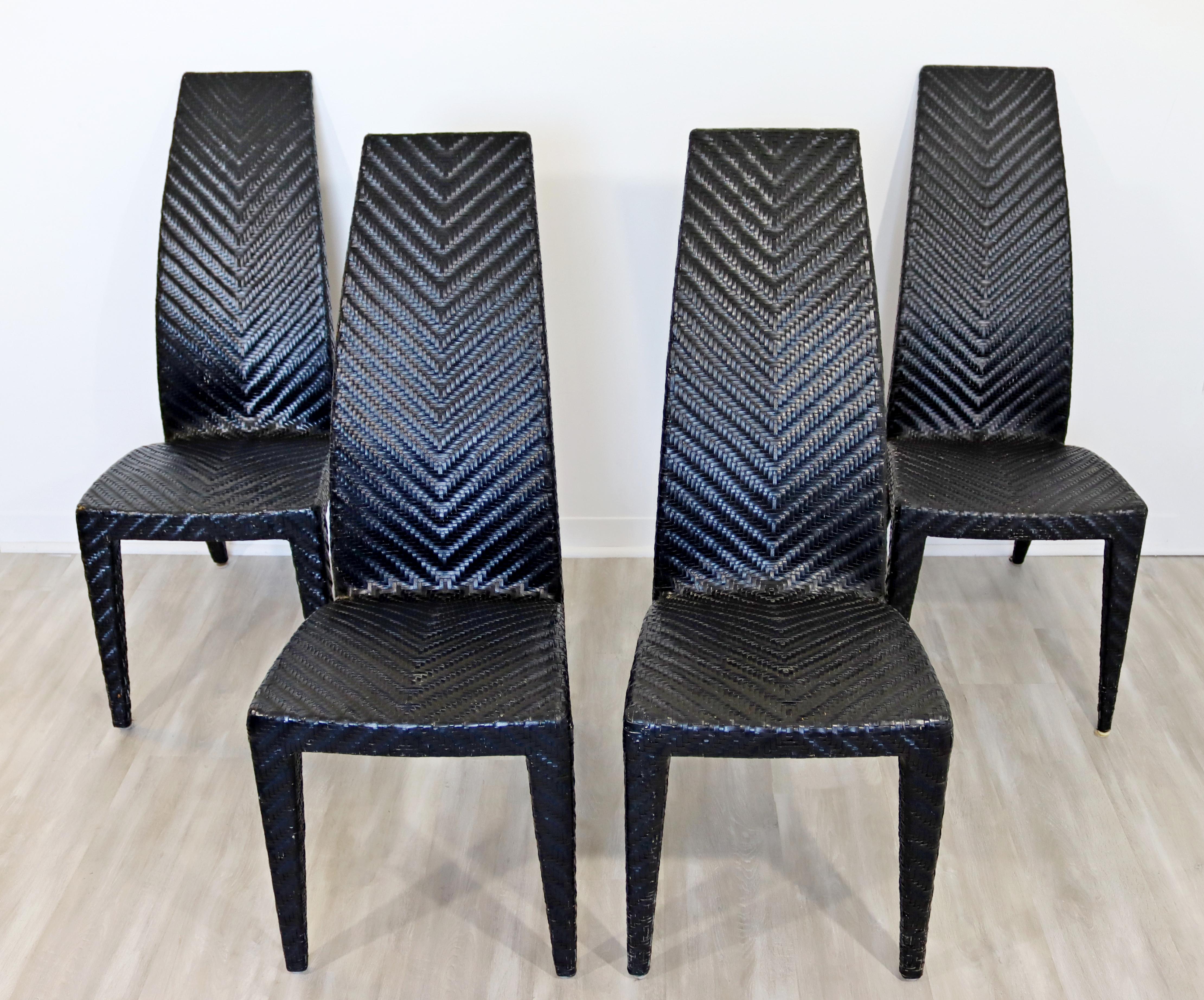 For your consideration is a marvelous set of four, black rattan, side dining chairs, in the Gazelle style, circa the 1980s. In very good vintage condition. The dimensions are 17