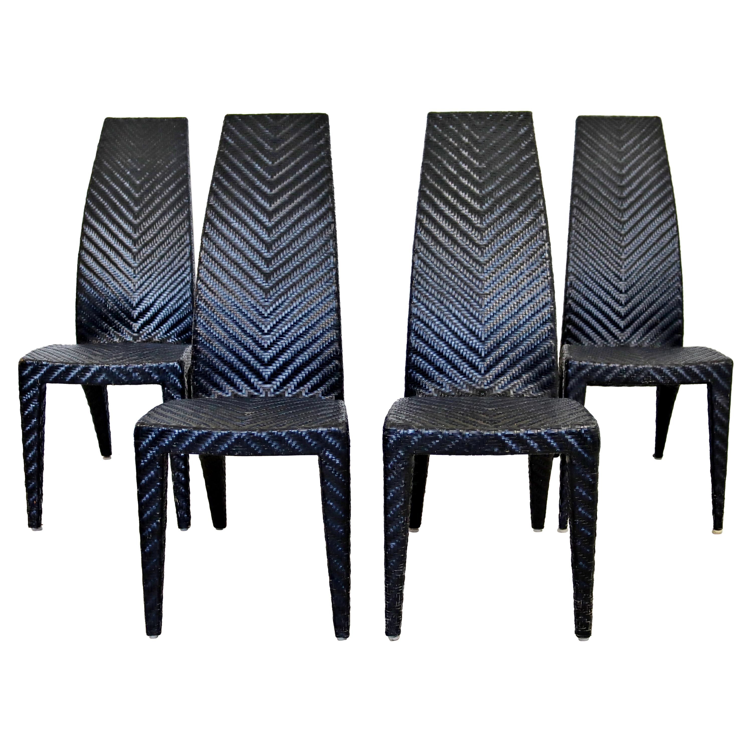 Contemporary Modern Set of 4 Gazelle Style Rattan Weave Side Dining Chairs 1980s