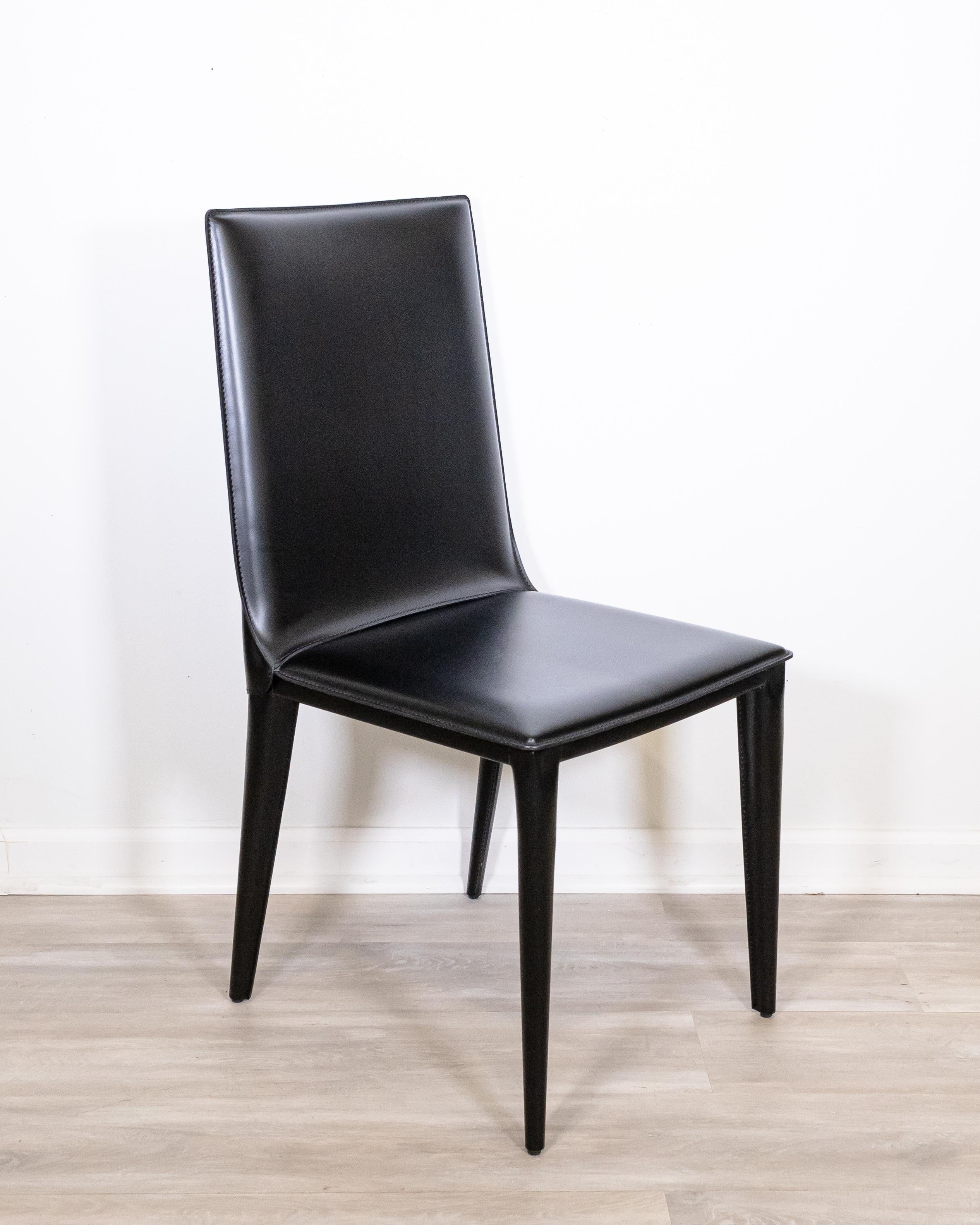 Contemporary Modern Set of 6 DWR Bottega Italian Black Leather Dining Chairs 13