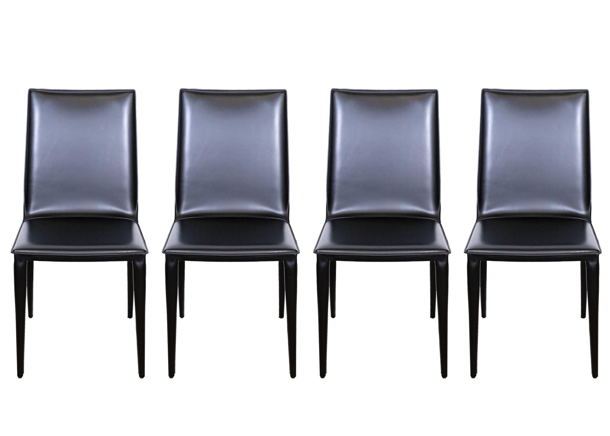 Contemporary Modern Set of 6 DWR Bottega Italian Black Leather Dining Chairs In Good Condition In Keego Harbor, MI
