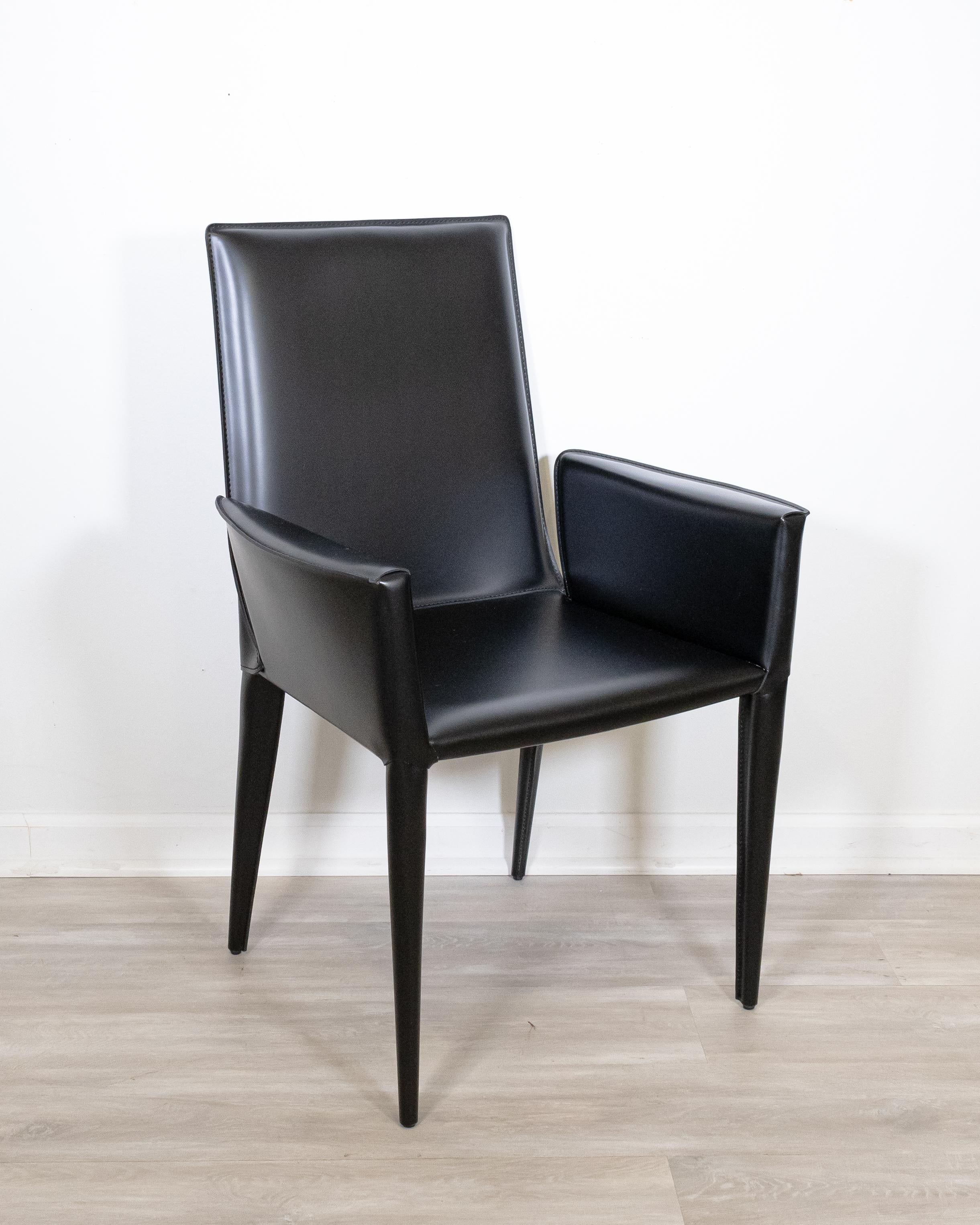 Contemporary Modern Set of 6 DWR Bottega Italian Black Leather Dining Chairs 2