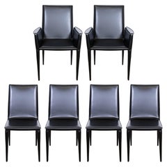 Zeitgenössisches modernes Set aus 6 DWR Bottega-Esszimmerstühlen aus schwarzem Leder