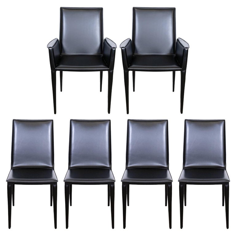 Contemporary Modern Set of 6 DWR Bottega Italian Black Leather Dining
