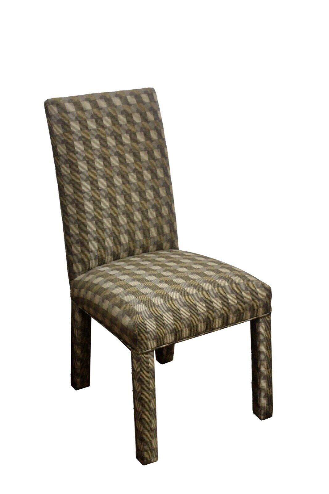 From Le Shoppe Too is a set of 6 upholstered Parson dining chairs in a fantastic geometric fabric in great condition. 
Dimensions: 20.5