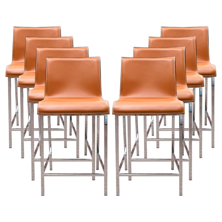 Contemporary Modern Set of 8 Leather Counter Top Barstools or Dining