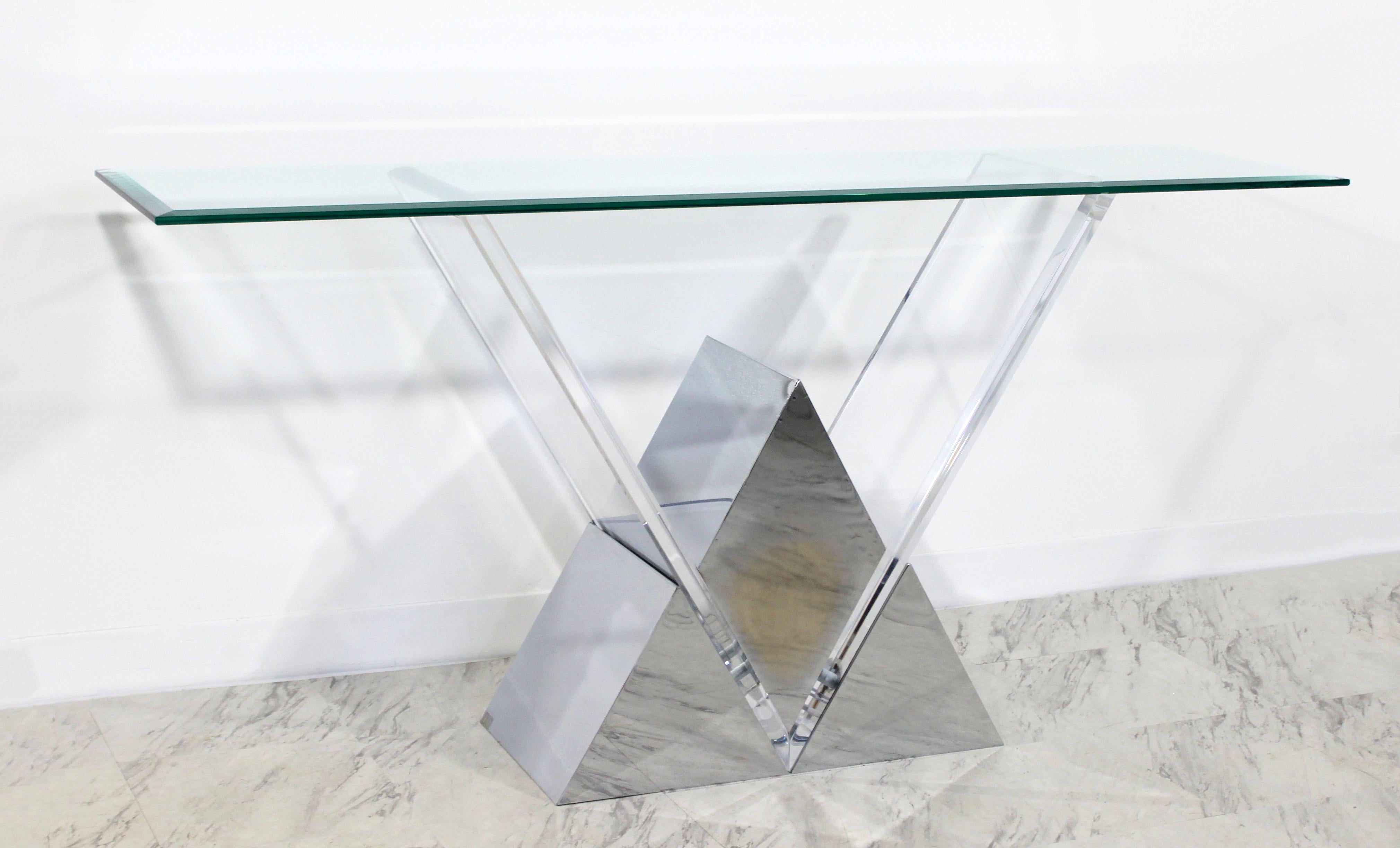 Contemporary Modern Shlomi Haziza Chrome Lucite Glass Large Console Table, 1990s In Good Condition In Keego Harbor, MI