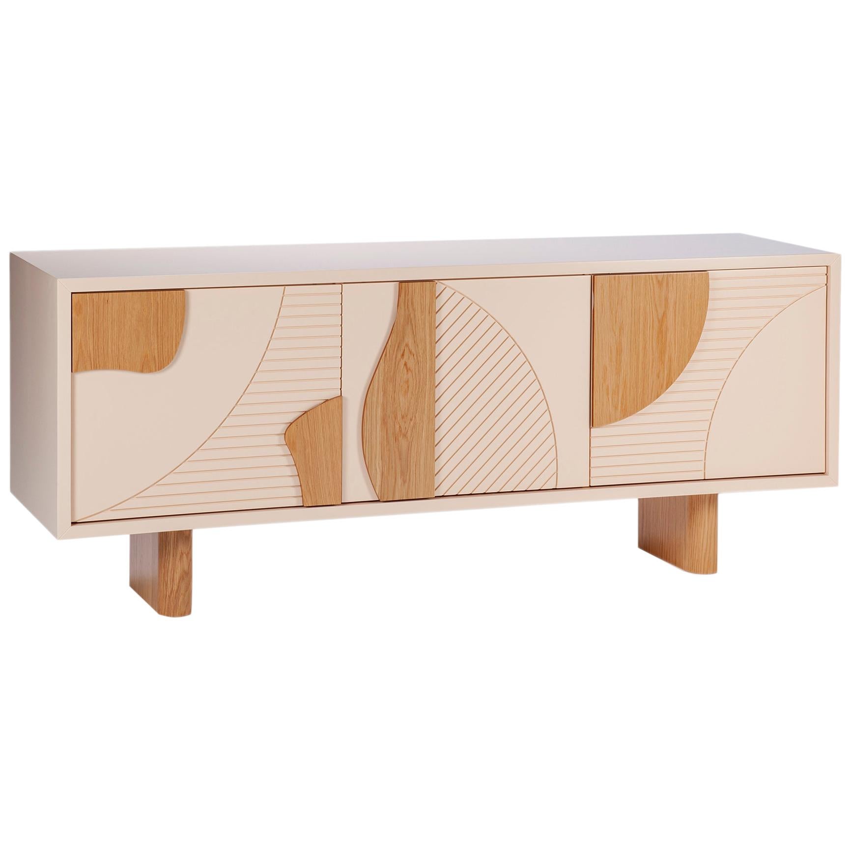 Contemporary Modern Sideboard Olga with Textured Doors in Oak Wood and Beige For Sale