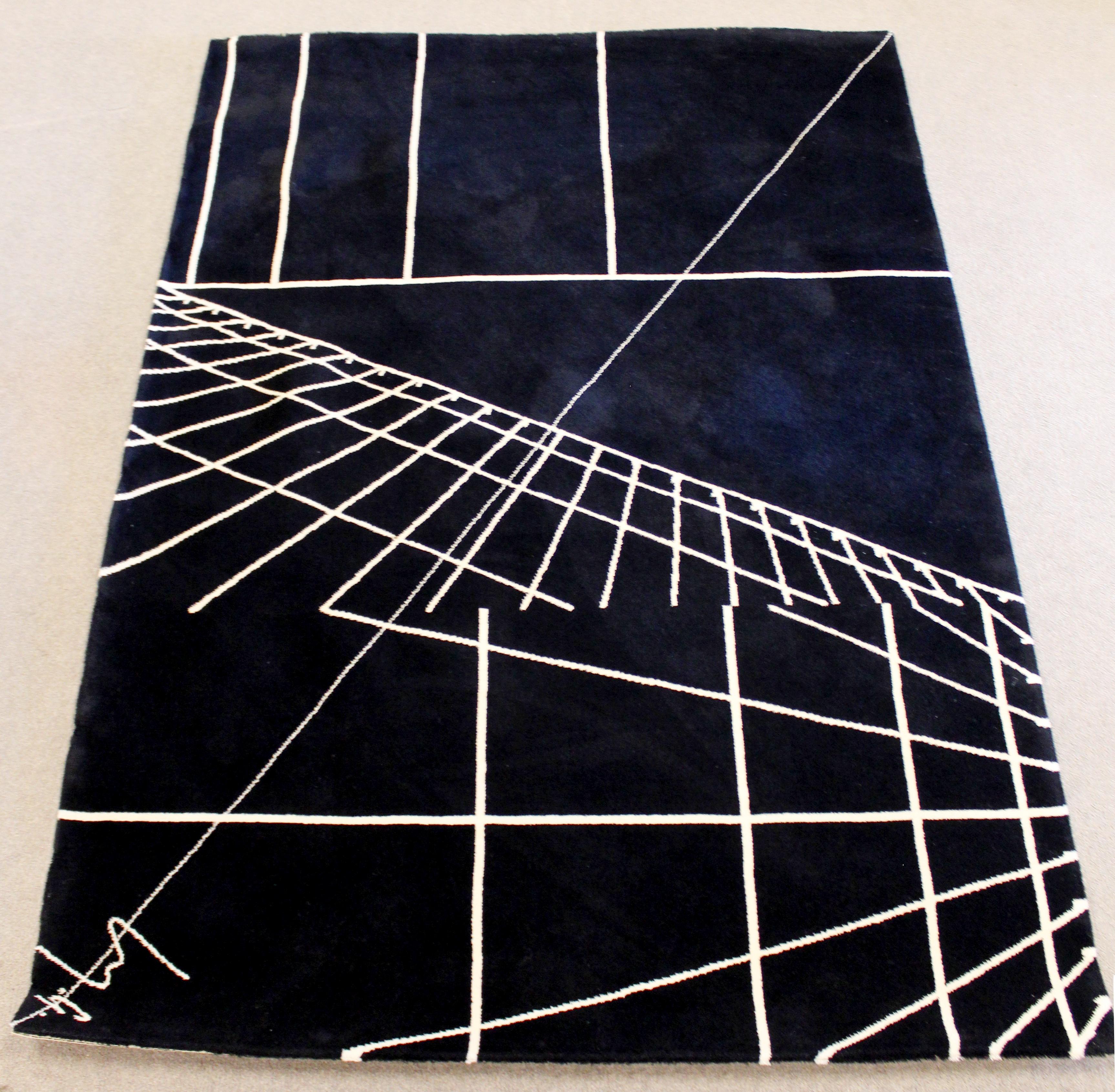 Contemporary Modern Signed Black Rectangular Area Rug Carpet 1980s Geometric In Good Condition In Keego Harbor, MI