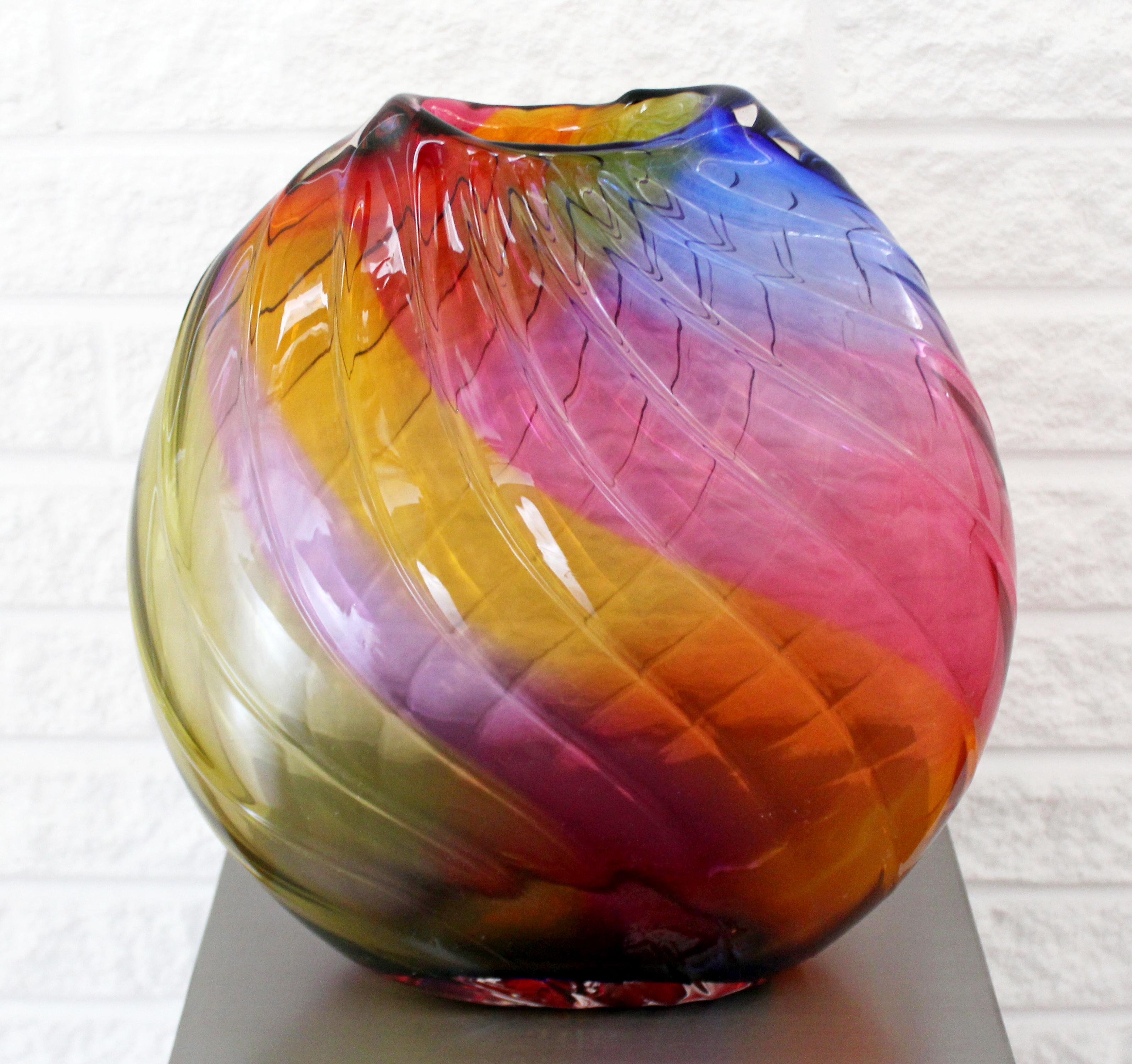 For your consideration is a magnificent, rainbow Murano glass vessel vase, made in Italy, signed, circa 1970s. In excellent condition. The dimensions are 12